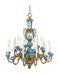A Sèvres Style Painted Glass and Gilt Metal Mounted Eighteen-Light Chandelier