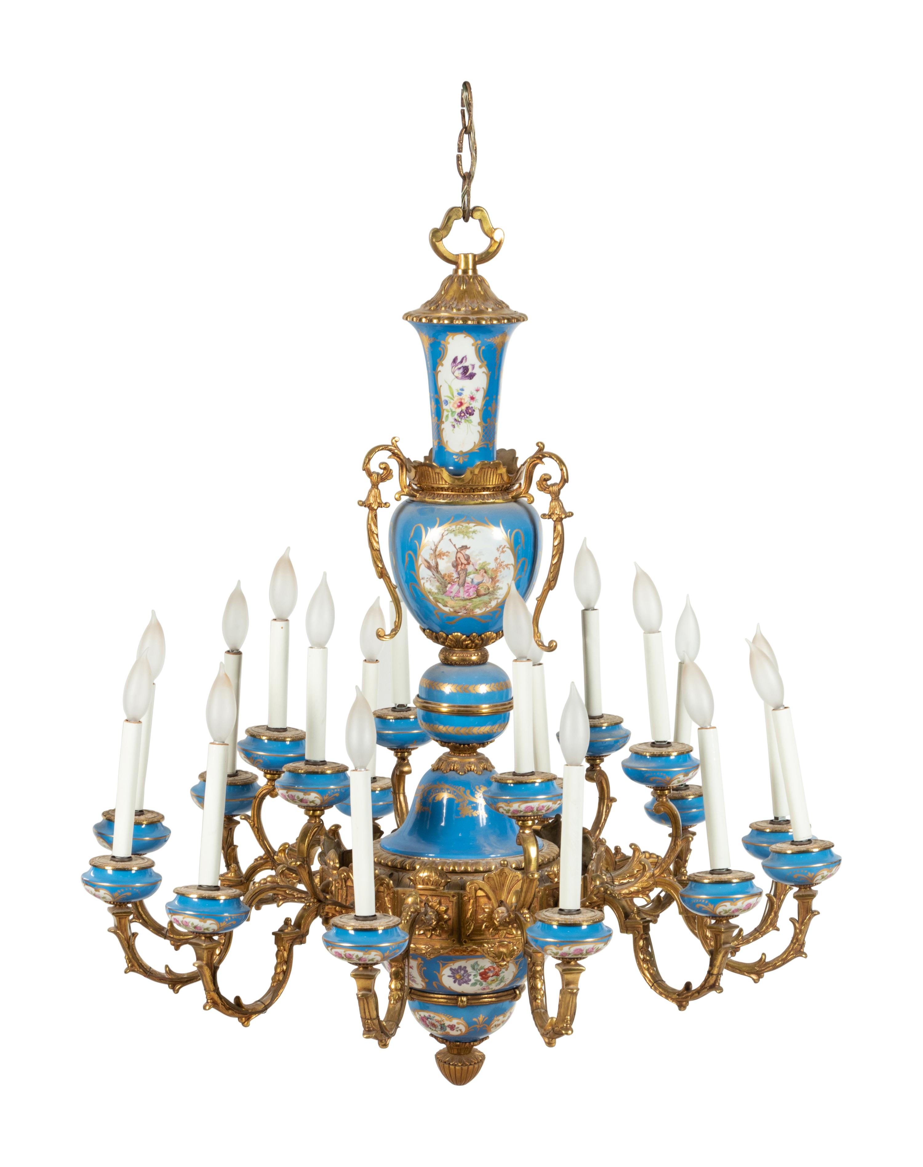 A Sèvres Style Painted Glass and Gilt Metal Mounted Eighteen-Light Chandelier