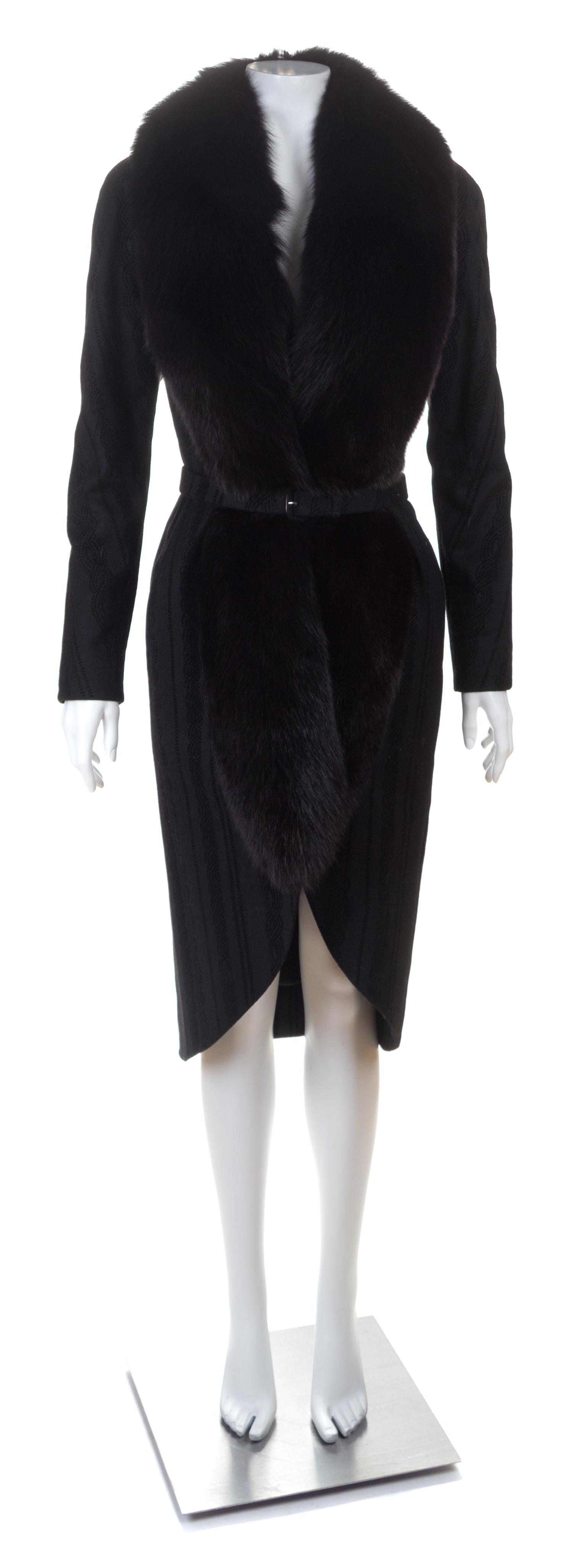 A Christian Dior Black Wool Coat with Fox Fur Trim, Size 6; Belt: 27"- 29" x 1".