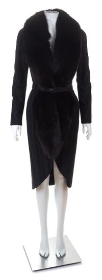 A Christian Dior Black Wool Coat with Fox Fur Trim, Size 6; Belt: 27"- 29" x 1".