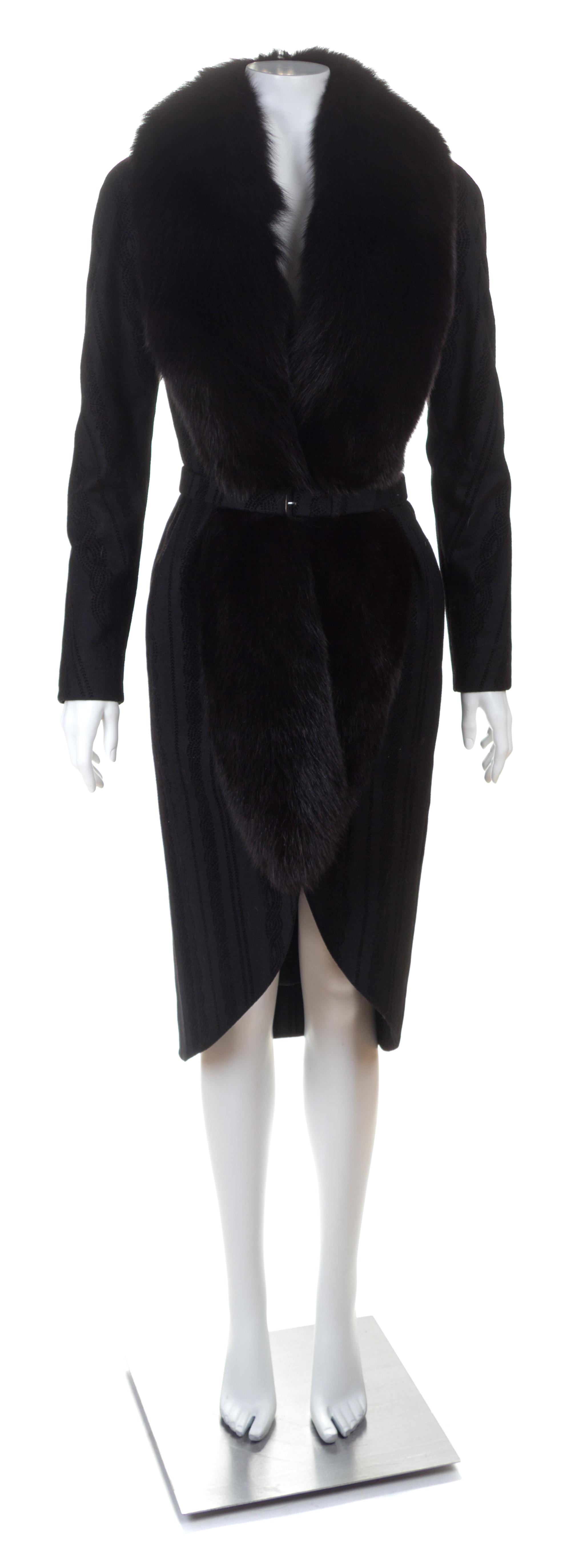 A Christian Dior Black Wool Coat with Fox Fur Trim, Size 6; Belt: 27"- 29" x 1".