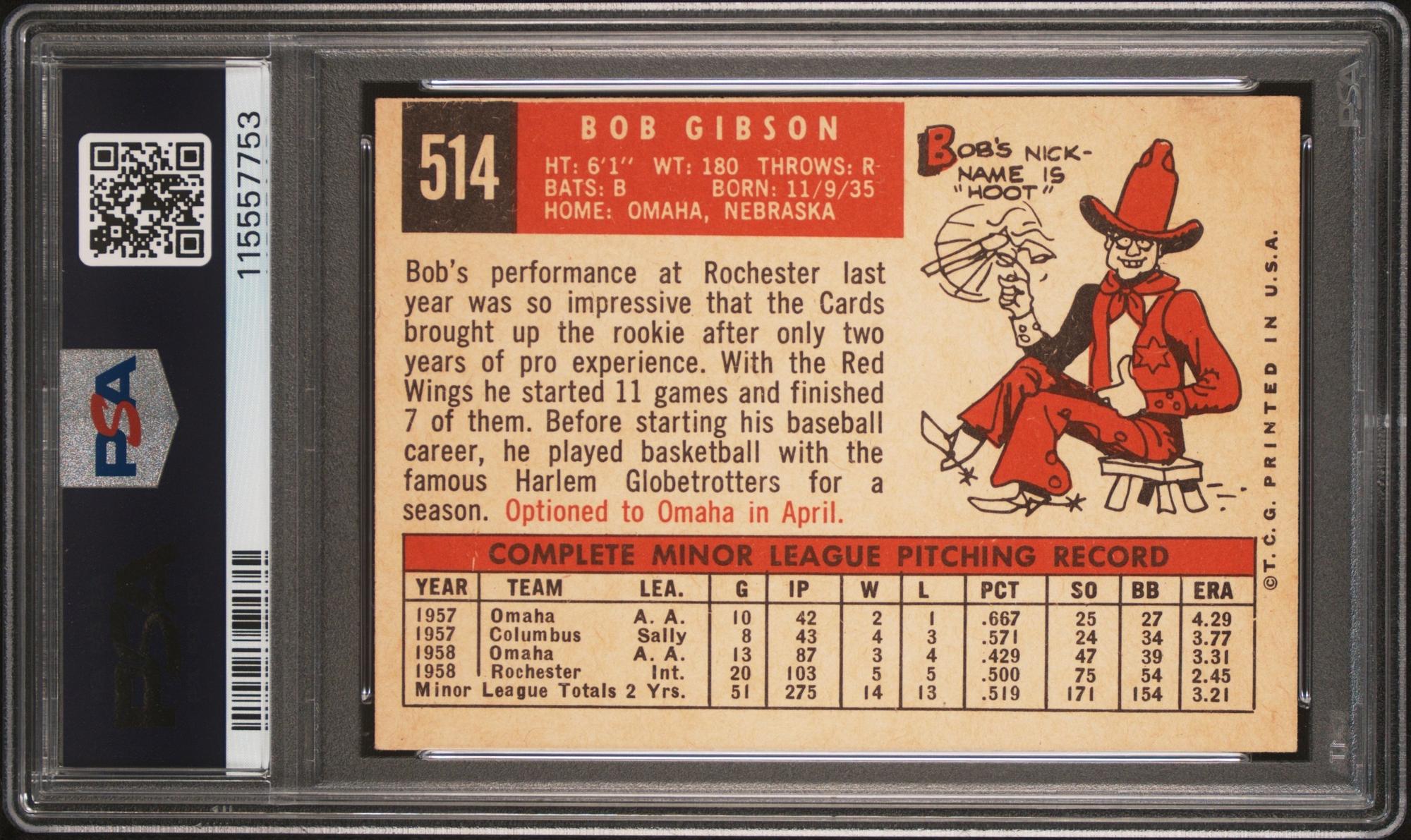 A 1959 Topps Bob Gibson Rookie Baseball Card No. 514 (PSA 4 VG-EX) from The Collection of David Eisenhower