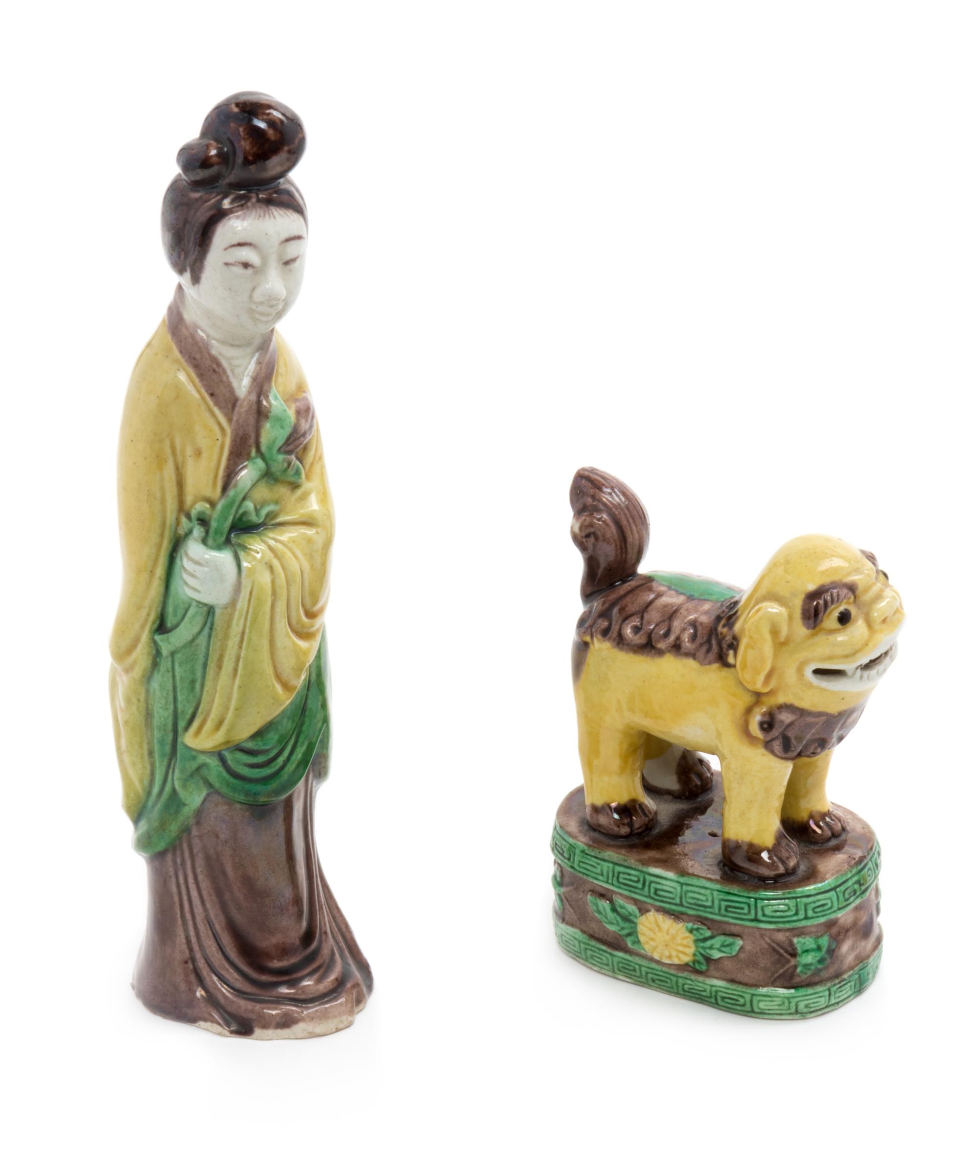 Two Chinese Sancai Porcelain Figures Height of tallest 7 3/4 inches. — 19TH CENTURY