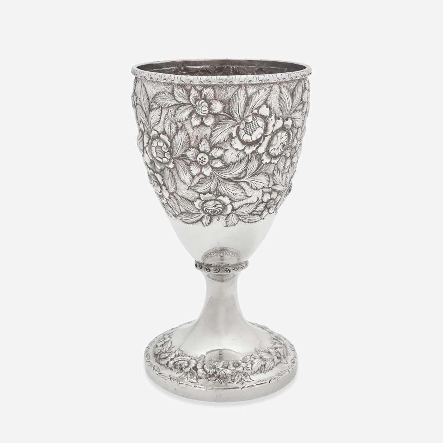 A coin silver floral repoussé vase William and Archibald Cooper, Cincinnati, OH (active 1836-1837) and Louisville, KY (active 1837-1846), circa 1840
