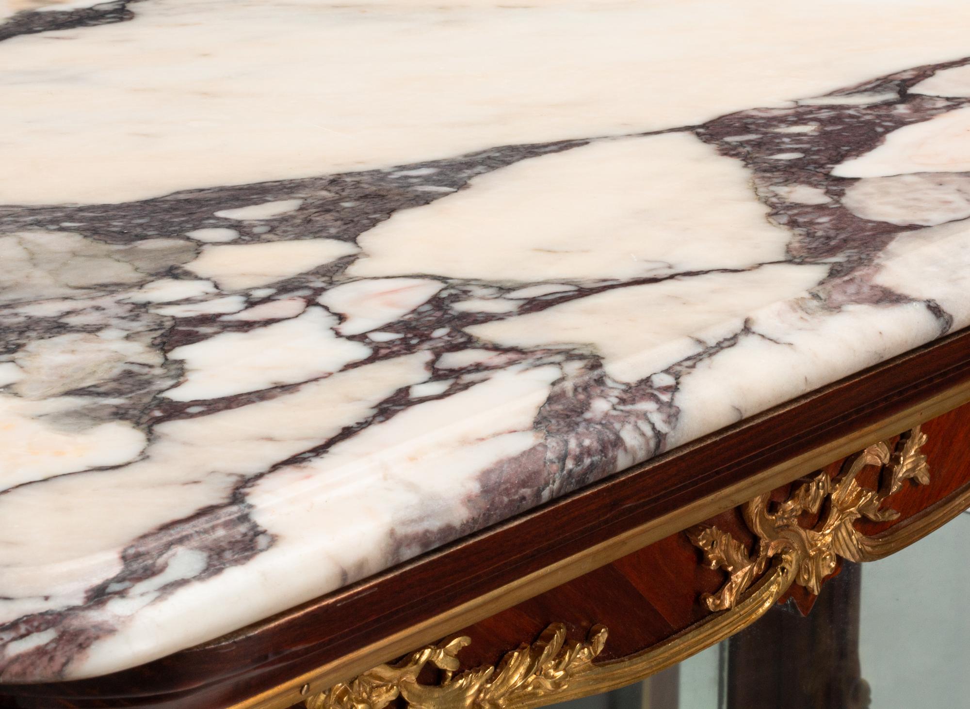 A Pair of Louis XV Style Gilt Bronze Mounted Kingwood Marble-Top Vitrine Cabinets