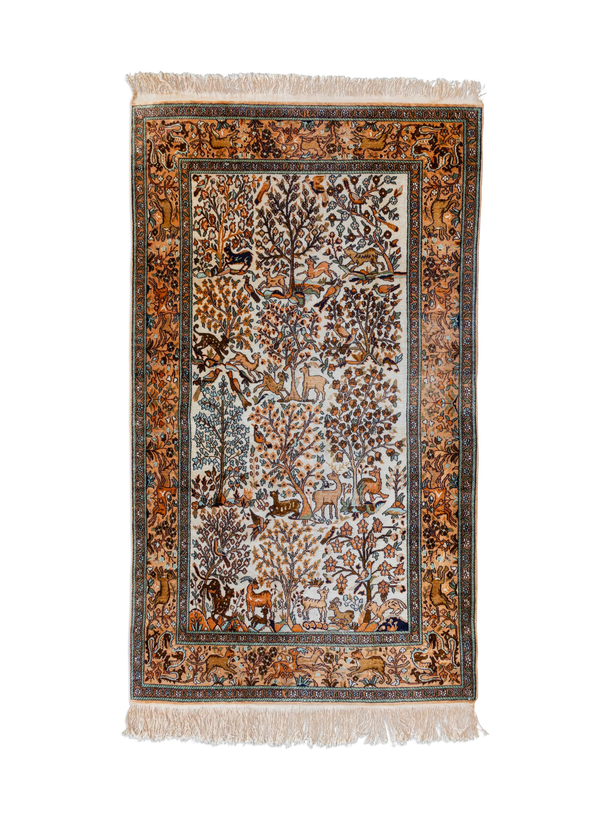 A Kashmir Pictorial Silk and Cotton Rug — 20TH CENTURY