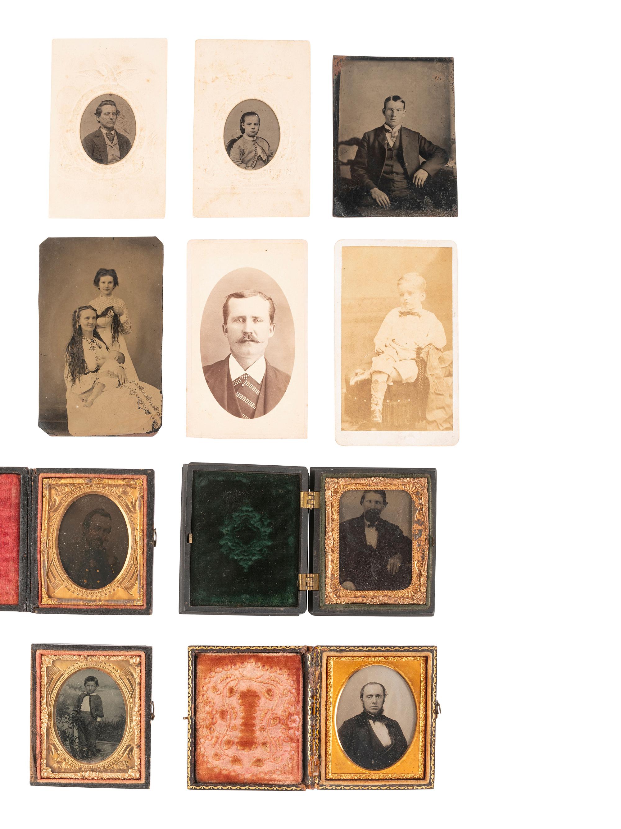 [EARLY PHOTOGRAPHY]. Assorted photographs incl. daguerreotype, tintype & CDV portraiture.