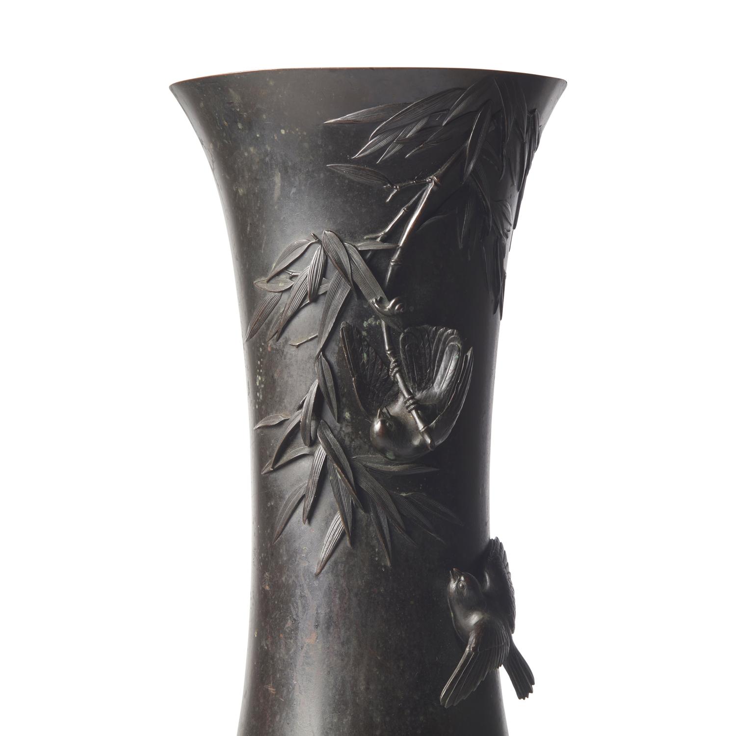 A Pair of Large Japanese Patinated Bronze Vases, Meiji Period, 19th Century