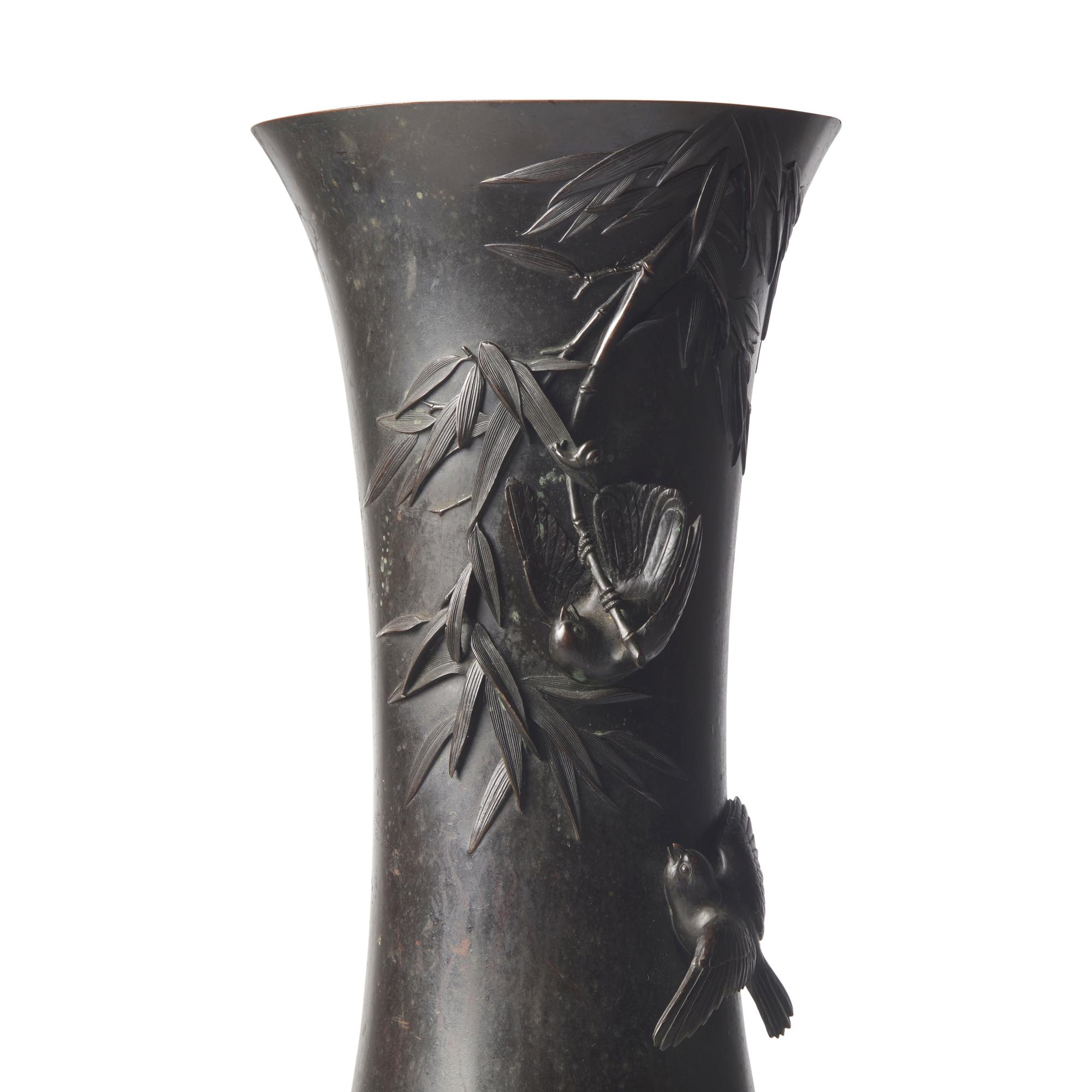 A Pair of Large Japanese Patinated Bronze Vases, Meiji Period, 19th Century