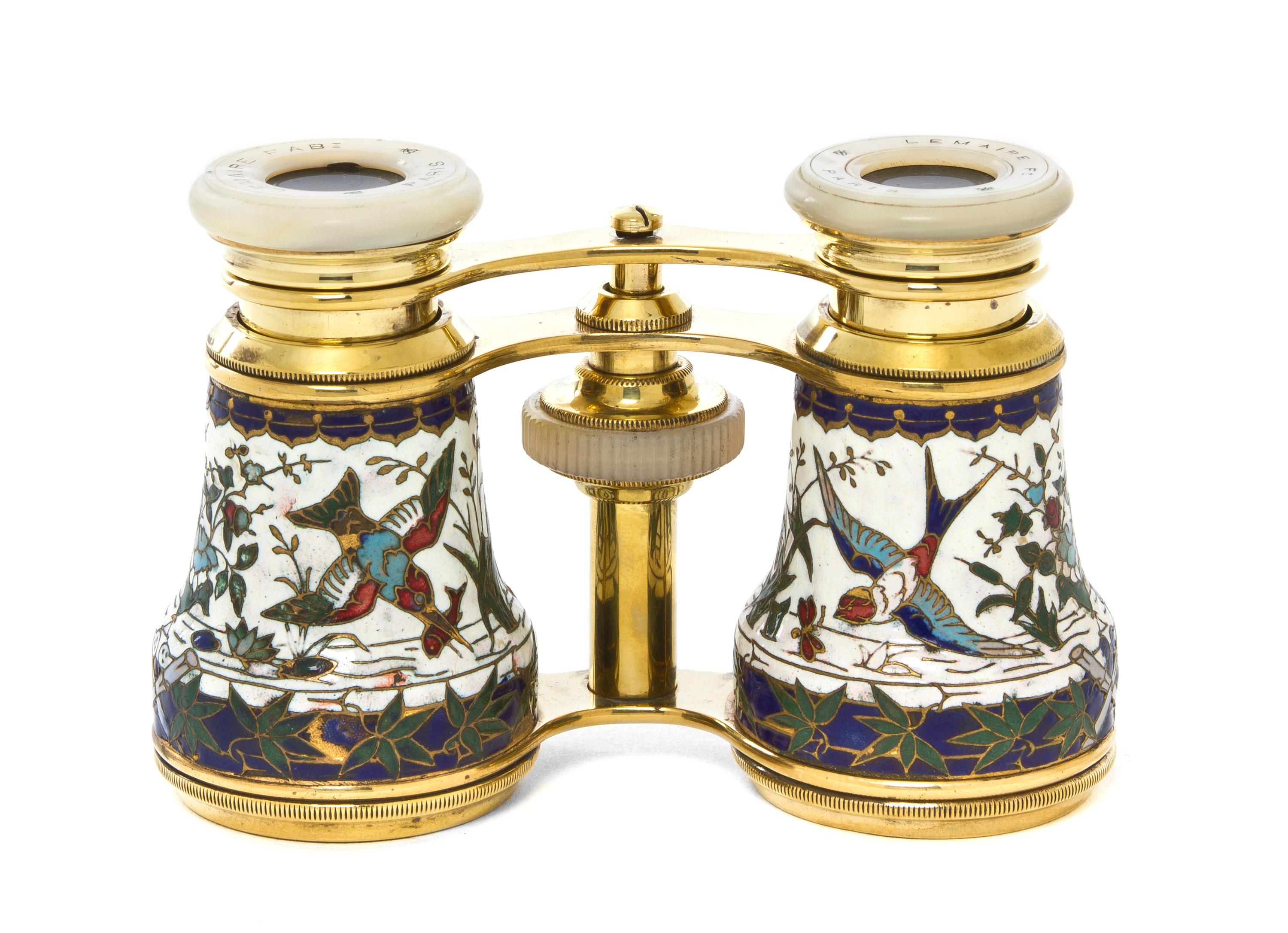 A Pair of French Enameled Opera Glasses, Lemaire, Width 4 1/8 inches.
