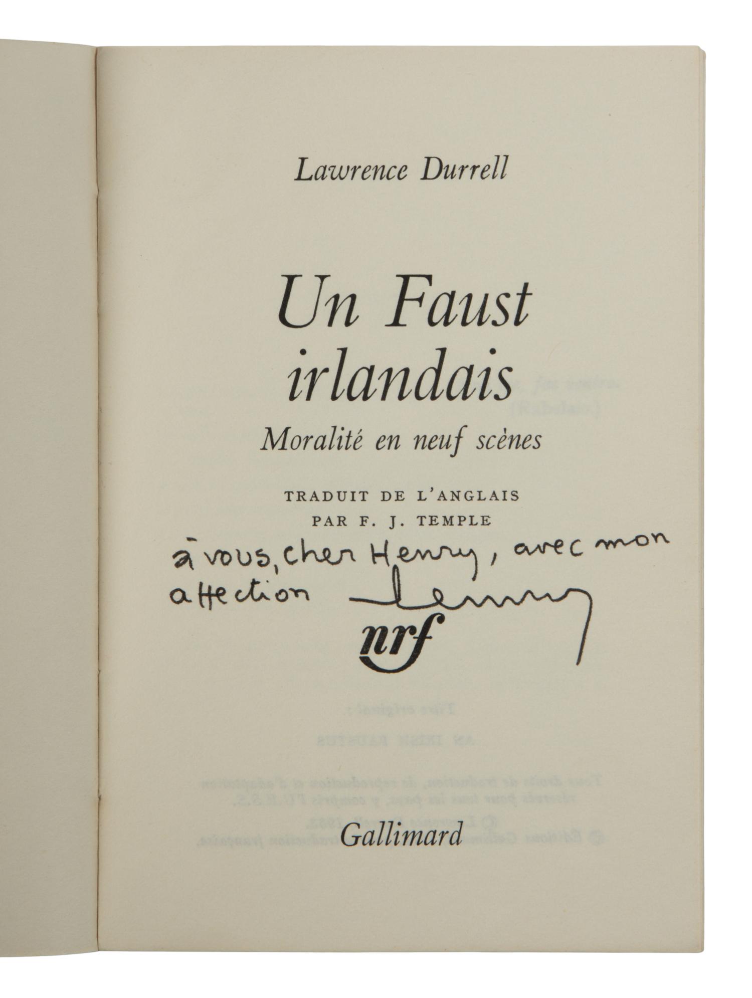 DURRELL, Lawrence (1912-1990). A group of 7 titles from Henry Miller's library, SEVERAL INSCRIBED BY DURRELL, comprising: