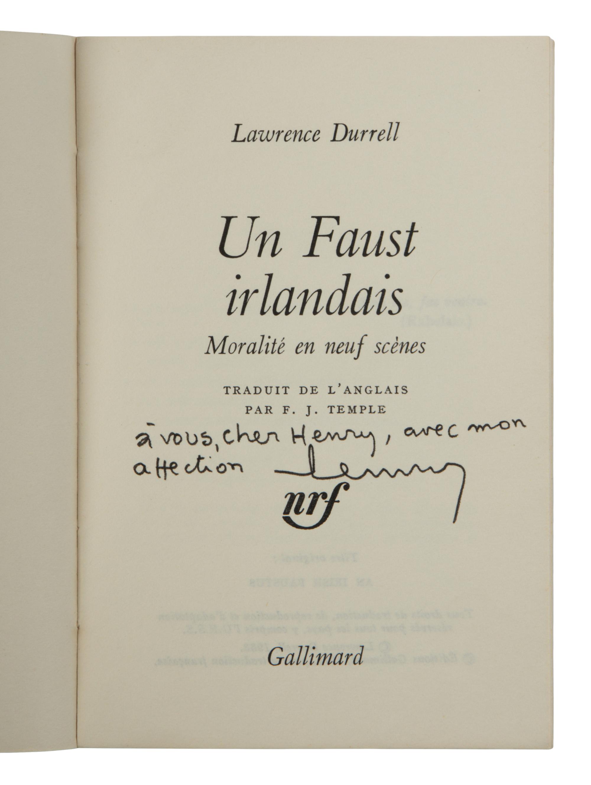 DURRELL, Lawrence (1912-1990). A group of 7 titles from Henry Miller's library, SEVERAL INSCRIBED BY DURRELL, comprising: