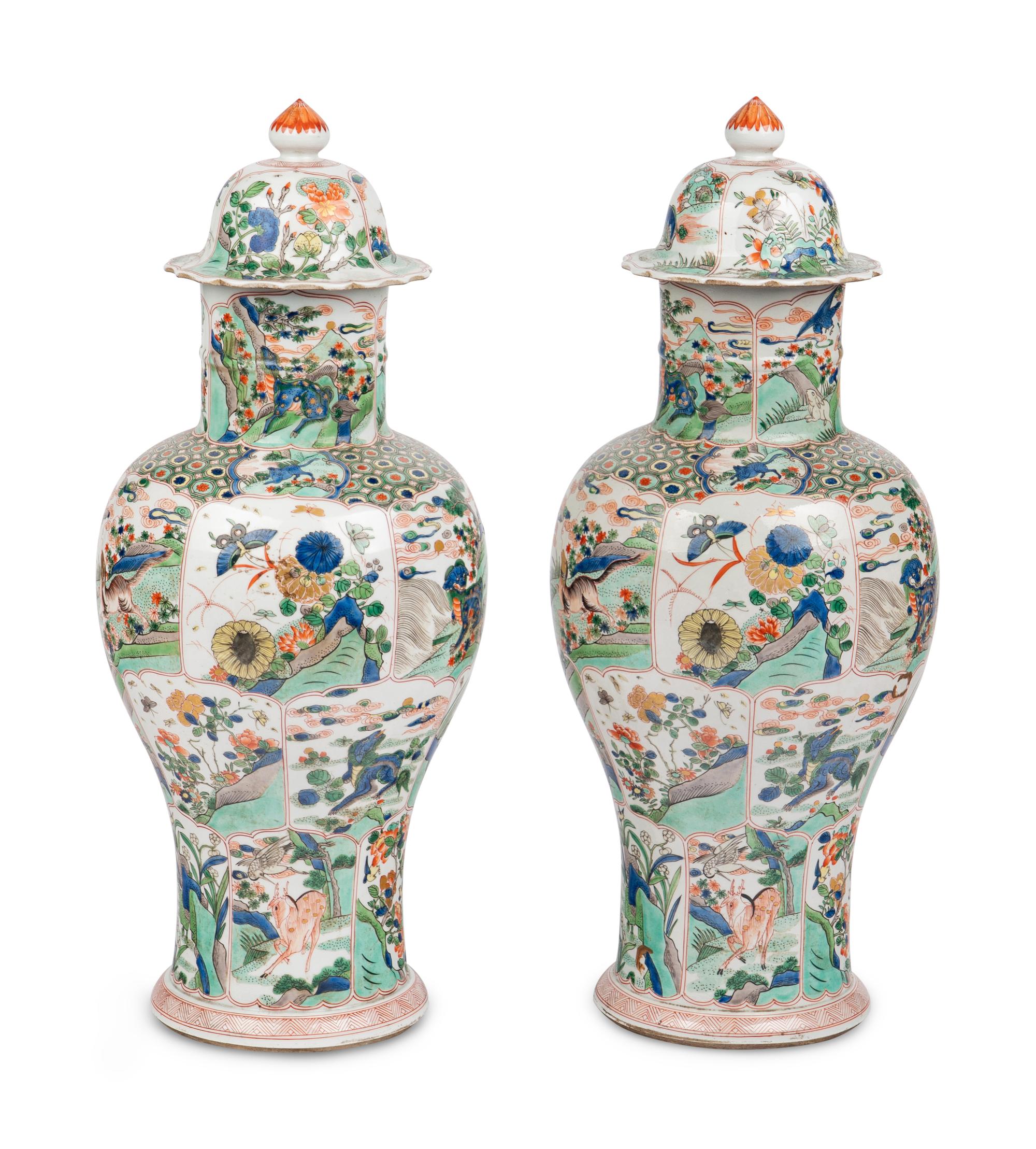 A Pair of Chinese Export Famille Verte Porcelain Vases and Covers