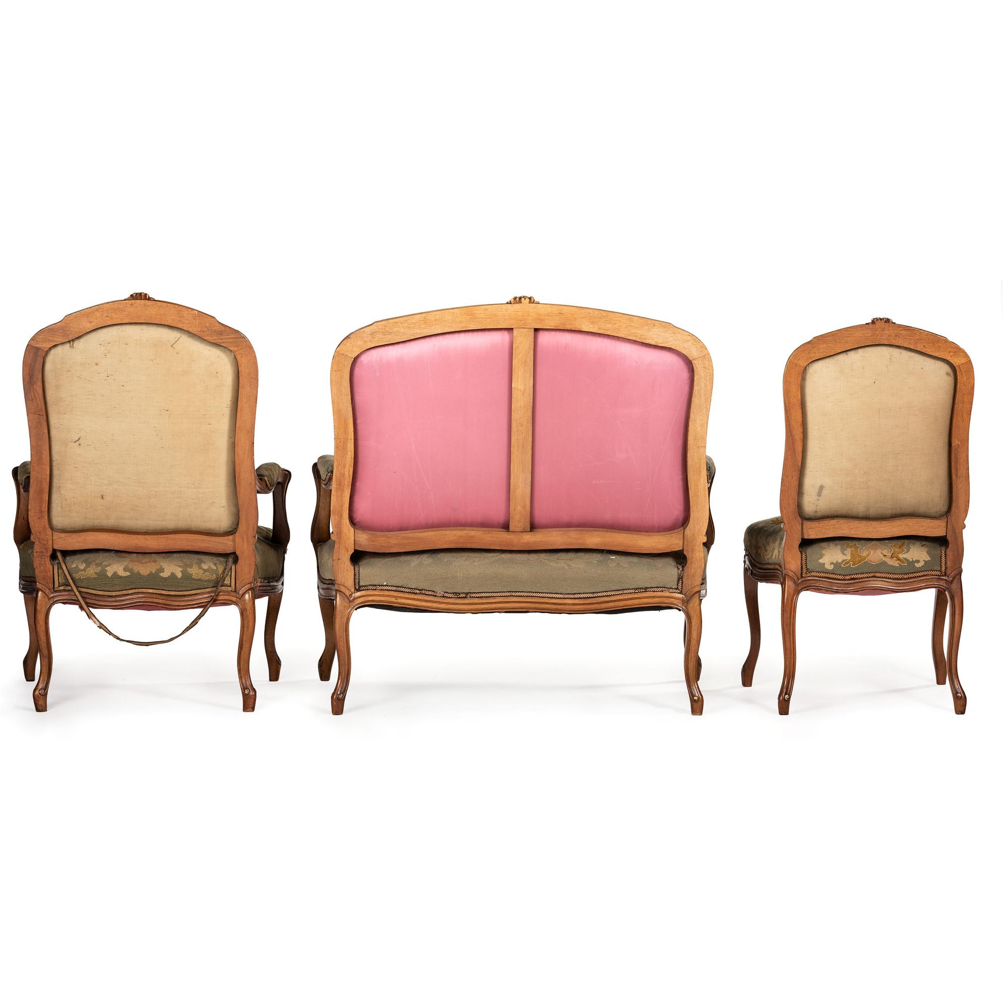 A Suite of Louis XV-Style Carved Walnut Needlework Upholstered Seating Furniture
