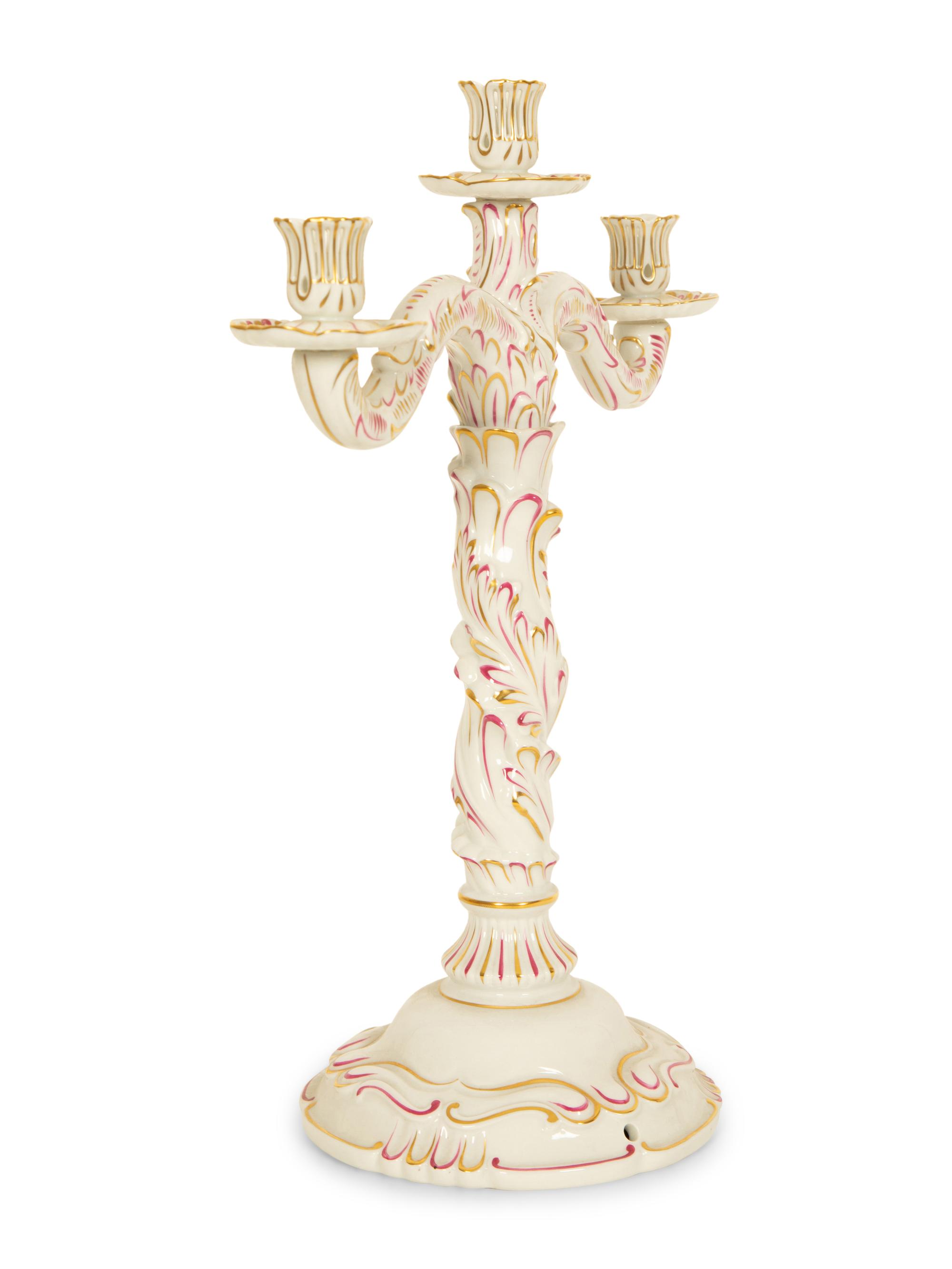 A Pair of Herend Porcelain Three-Light Candelabra and a Pair of Matching Candlesticks