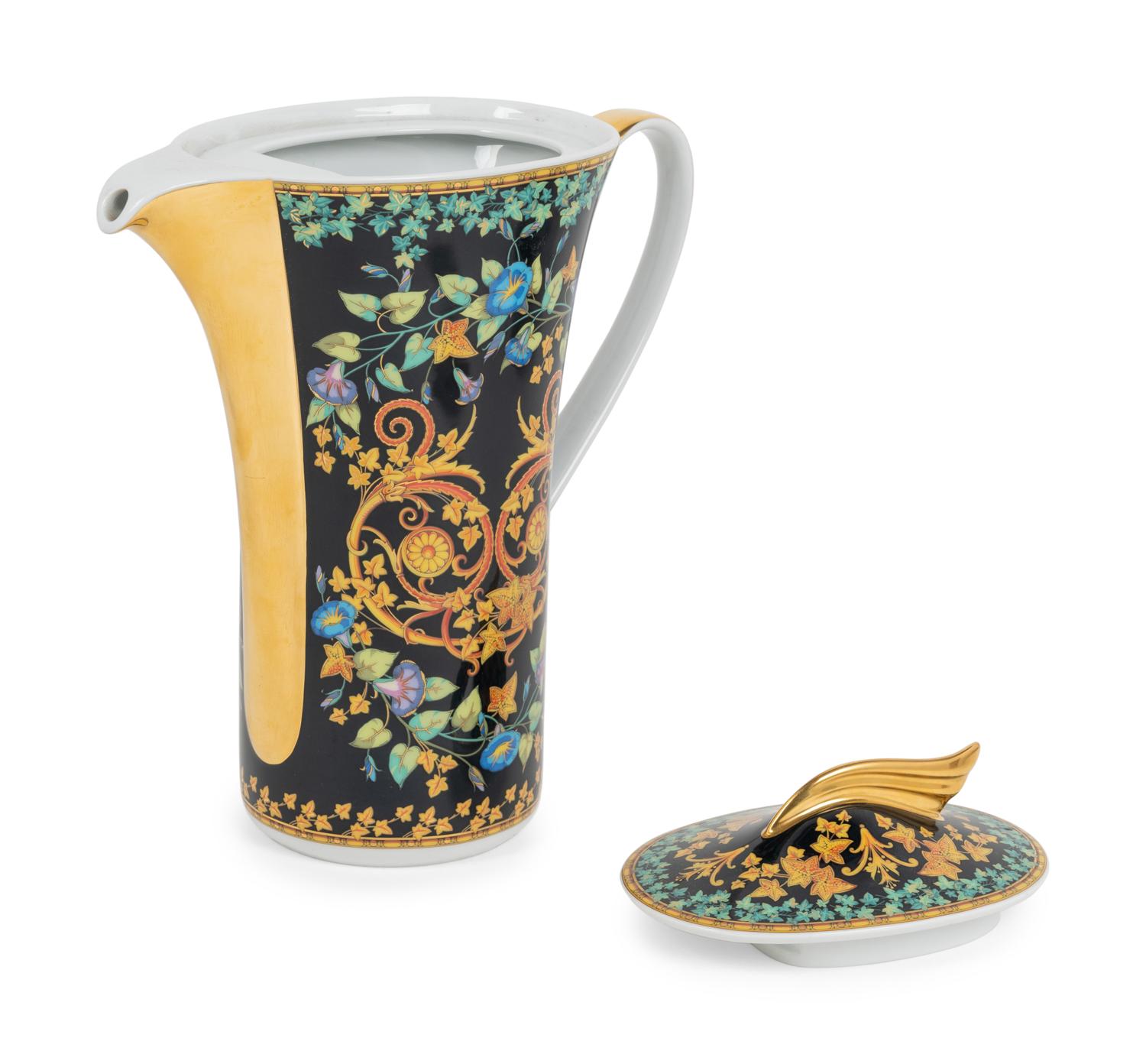 A Versace Gold Ivy Porcelain Coffee Pot and Oval Platter