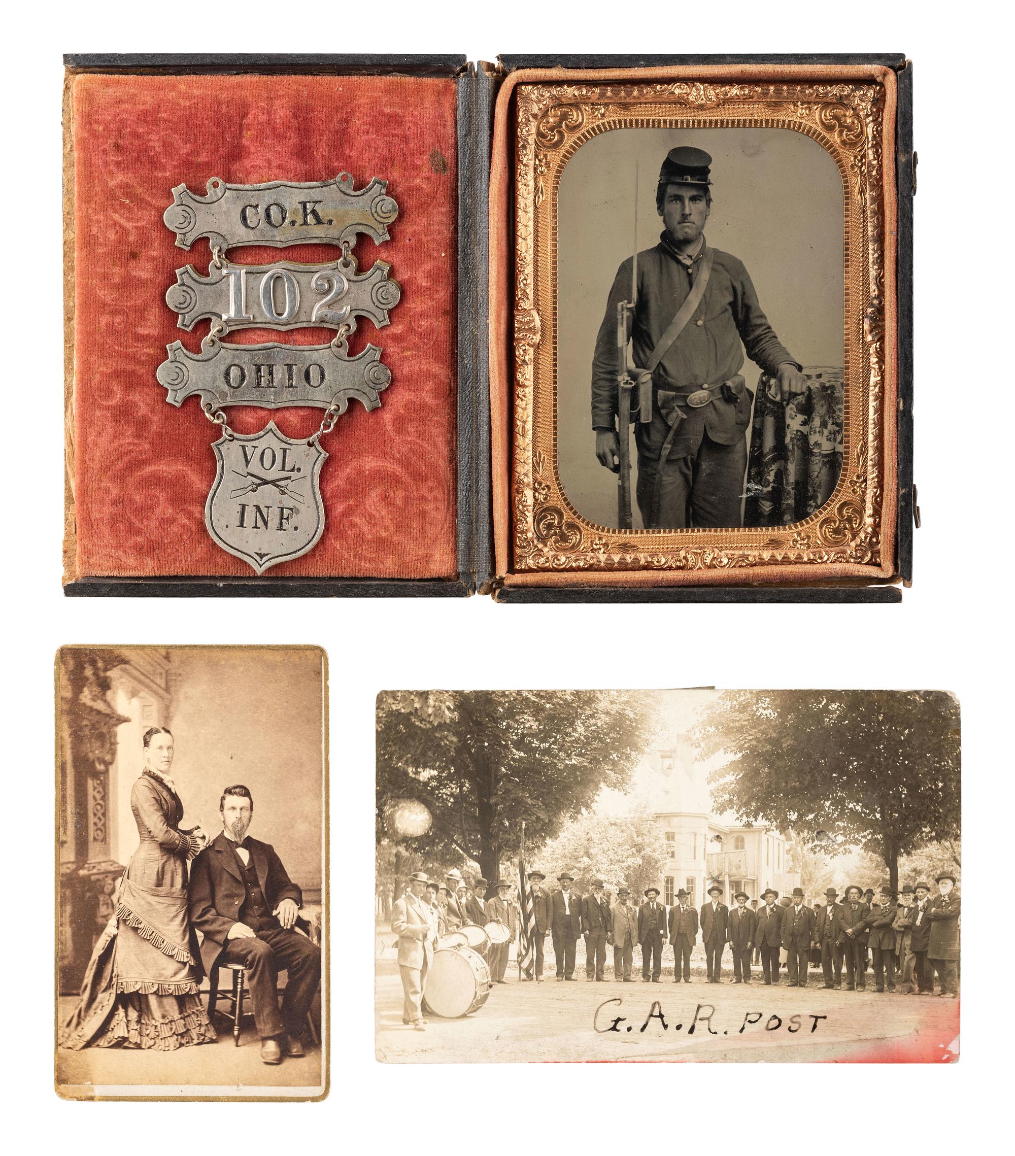 [CIVIL WAR]. Quarter plate tintype portrait attributed as David Kiplinger, Co. K, 102nd Ohio Infantry Regiment, accompanied by ladder badge, CDV, and RPPC.