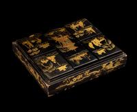 A Chinese Export Gilt and Red Highlighted Black Lacquered Box and Cover