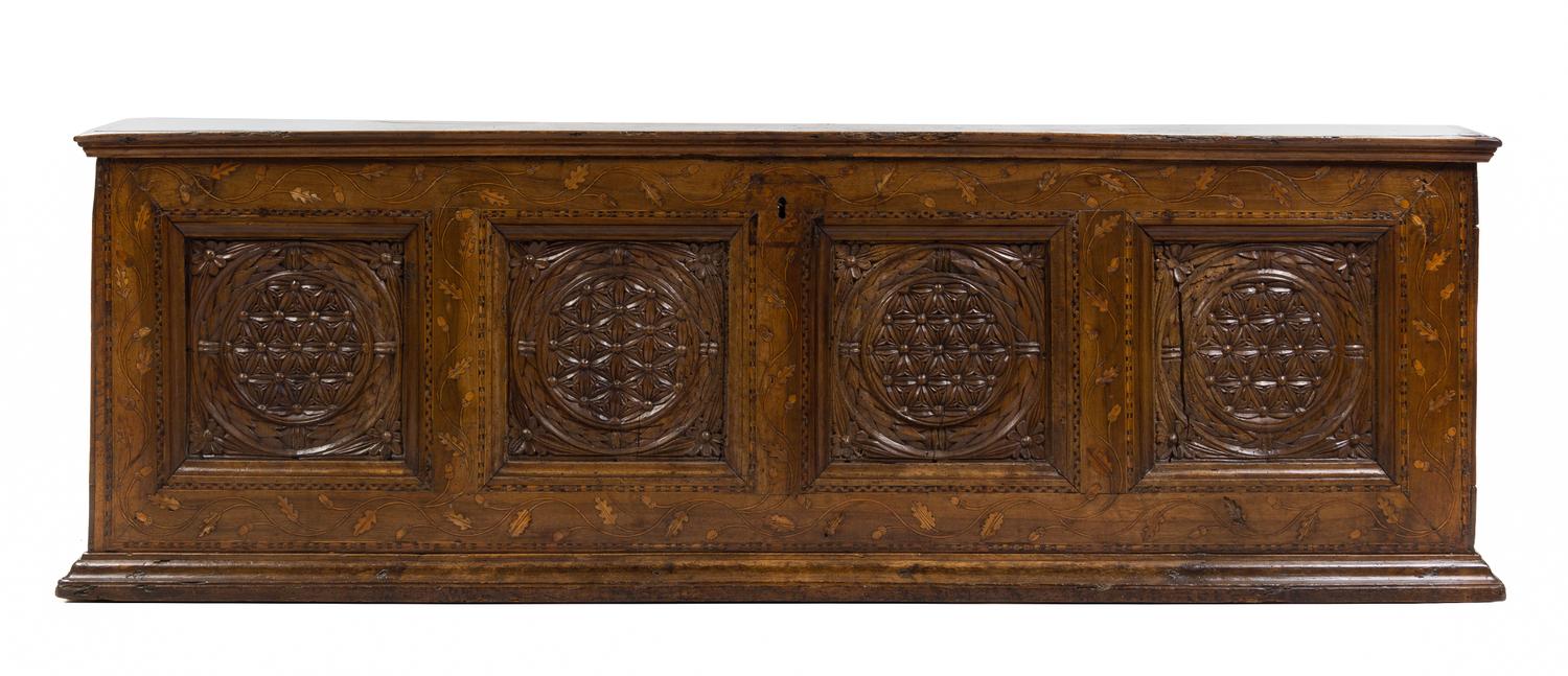 A Pair of Italian Walnut and Marquetry Cassoni Height 26 3/4 x width 76 1/2 x depth 22 1/2 inches. — INCORPORATING VARIOUS ELEMENTS