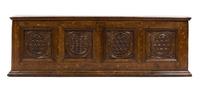 A Pair of Italian Walnut and Marquetry Cassoni Height 26 3/4 x width 76 1/2 x depth 22 1/2 inches. — INCORPORATING VARIOUS ELEMENTS