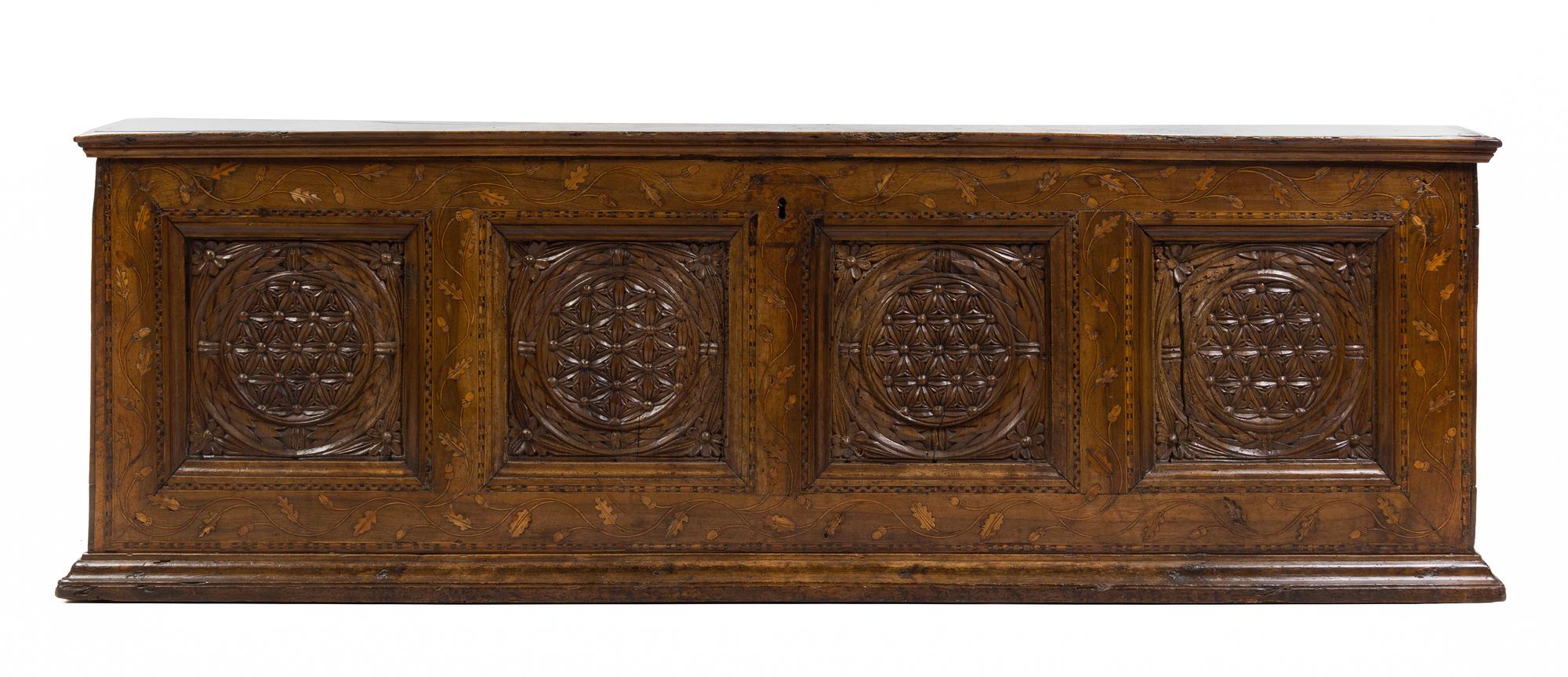 A Pair of Italian Walnut and Marquetry Cassoni Height 26 3/4 x width 76 1/2 x depth 22 1/2 inches. — INCORPORATING VARIOUS ELEMENTS