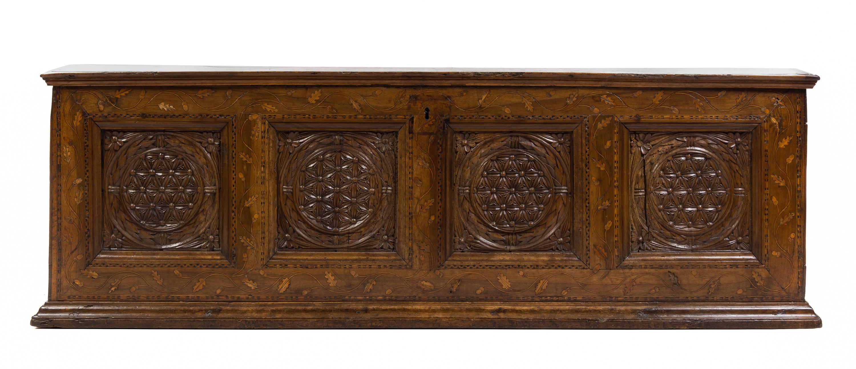 A Pair of Italian Walnut and Marquetry Cassoni Height 26 3/4 x width 76 1/2 x depth 22 1/2 inches. — INCORPORATING VARIOUS ELEMENTS