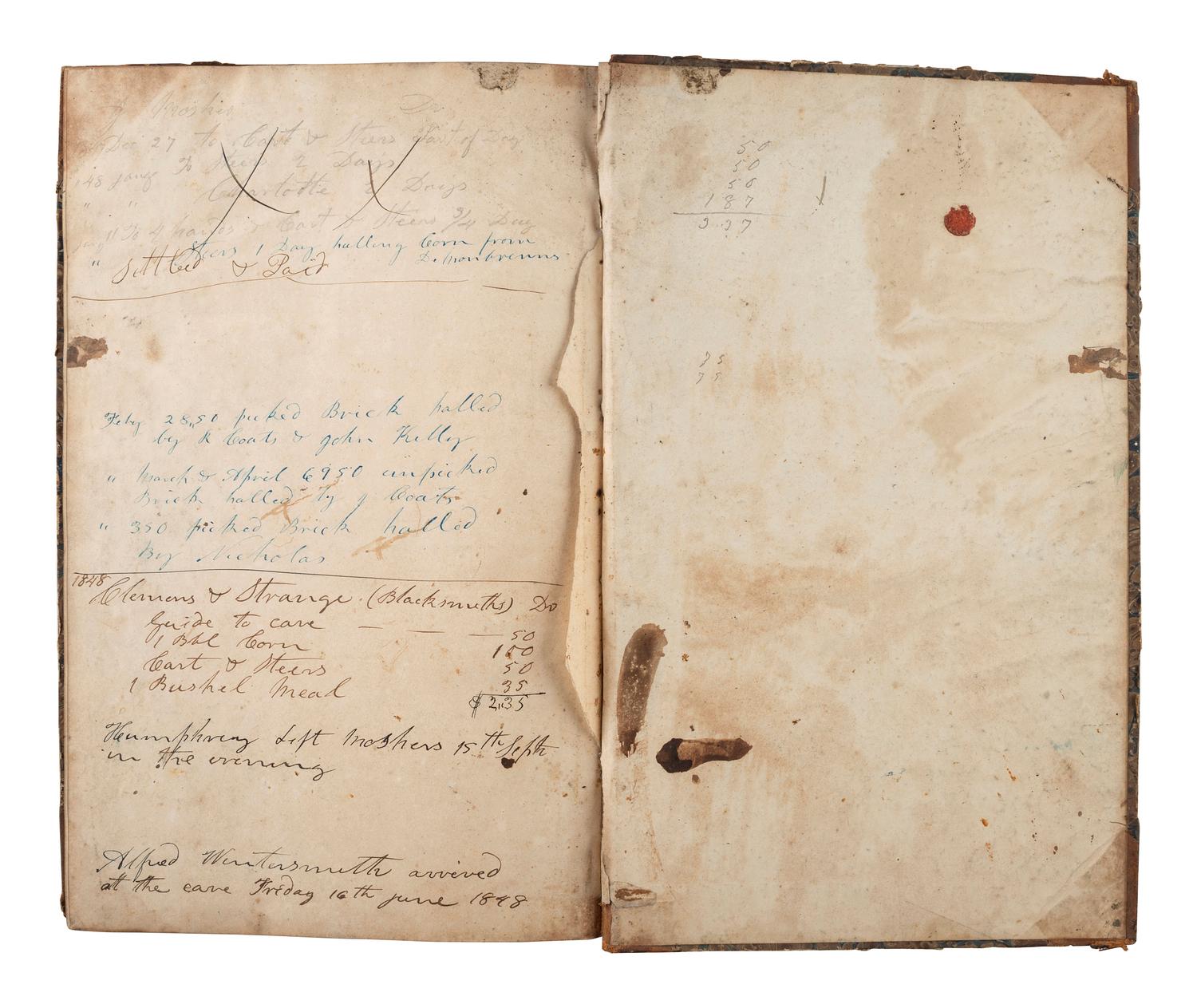 [KENTUCKY - MAMMOTH CAVE]. CROGHAN, John (1790-1849). Mammoth Cave Acct. Book. Manuscript ledger. Mammoth Cave, KY, 20 May 1846-16 June 1848.