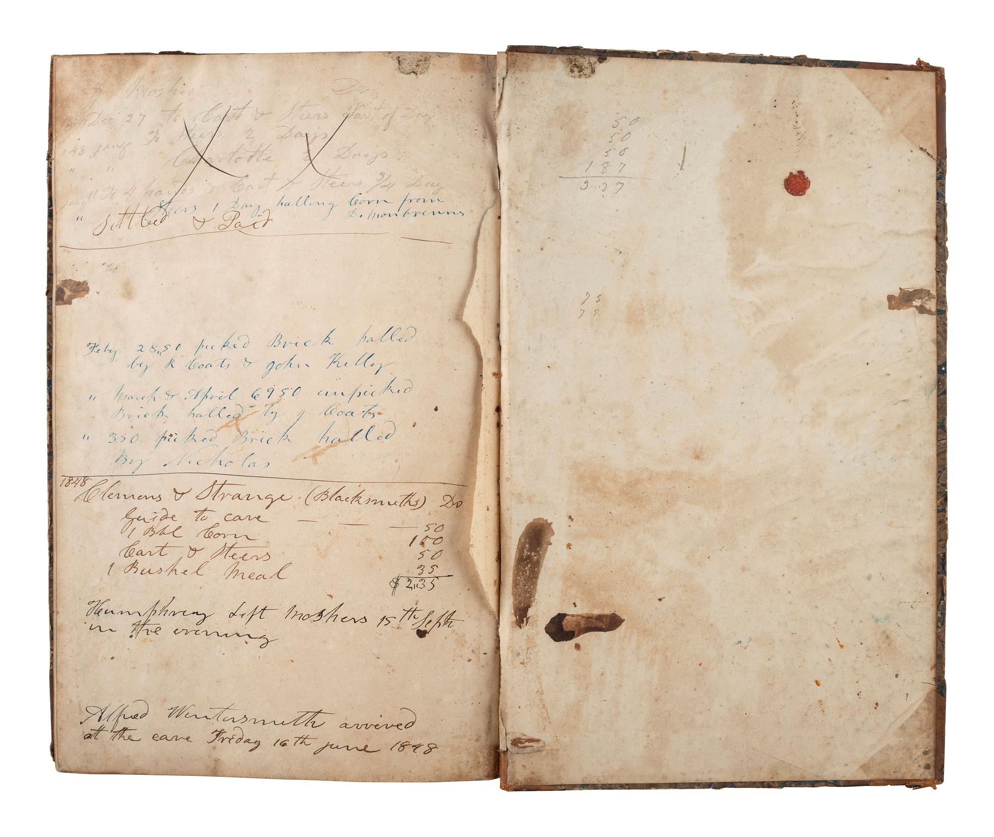 [KENTUCKY - MAMMOTH CAVE]. CROGHAN, John (1790-1849). Mammoth Cave Acct. Book. Manuscript ledger. Mammoth Cave, KY, 20 May 1846-16 June 1848.