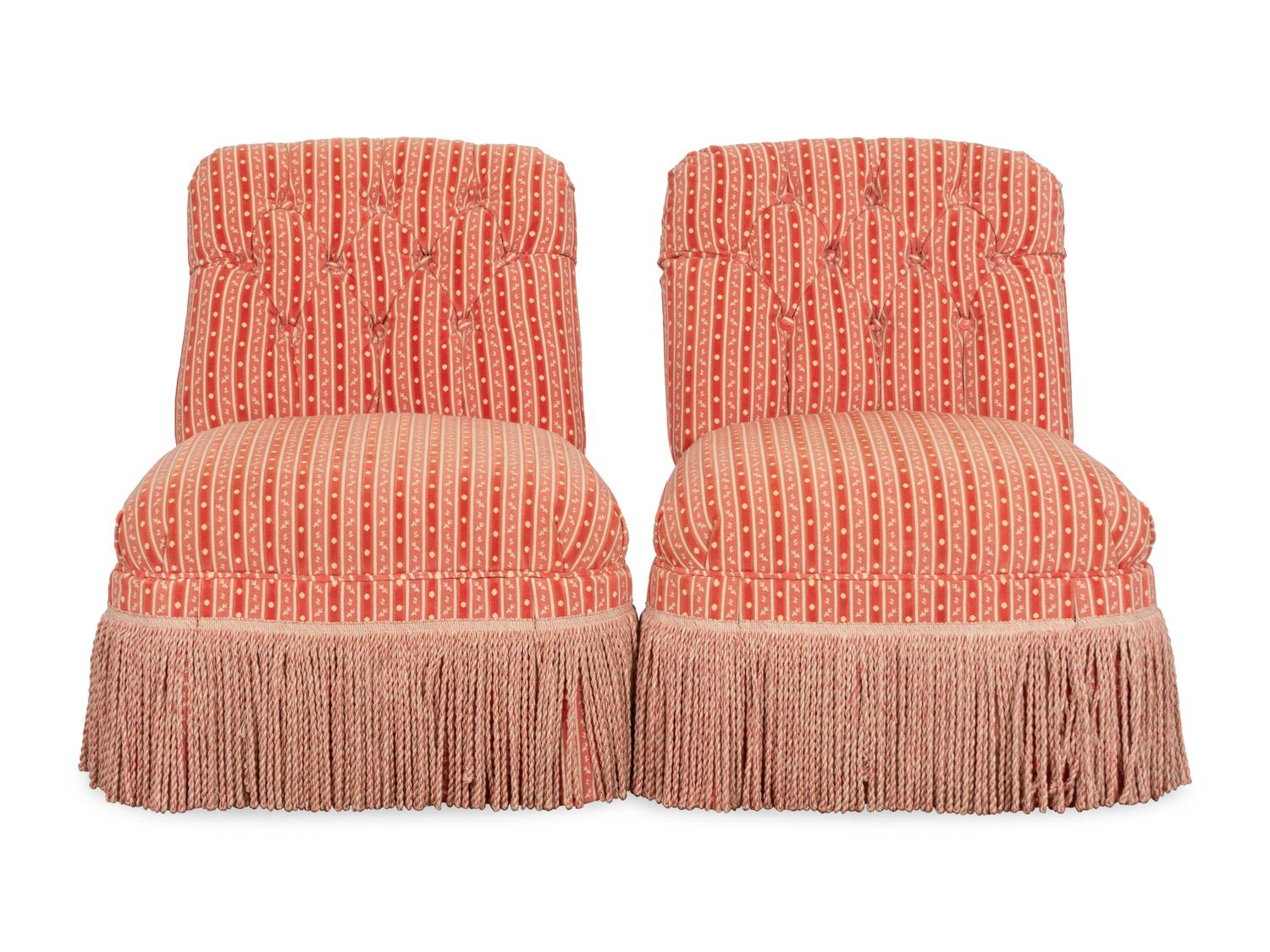 A Pair of Custom Button-Tufted Slipper Chairs with Bullion Fringe