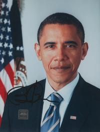 OBAMA, Barack. Photographic print official portrait of President Barack Obama, photo by Pete Souza, signed "Barack Obama". [N.d., ca 2009]. 8vo, visible area 250 x 197 mm, matted and framed, unexamined out of frame.