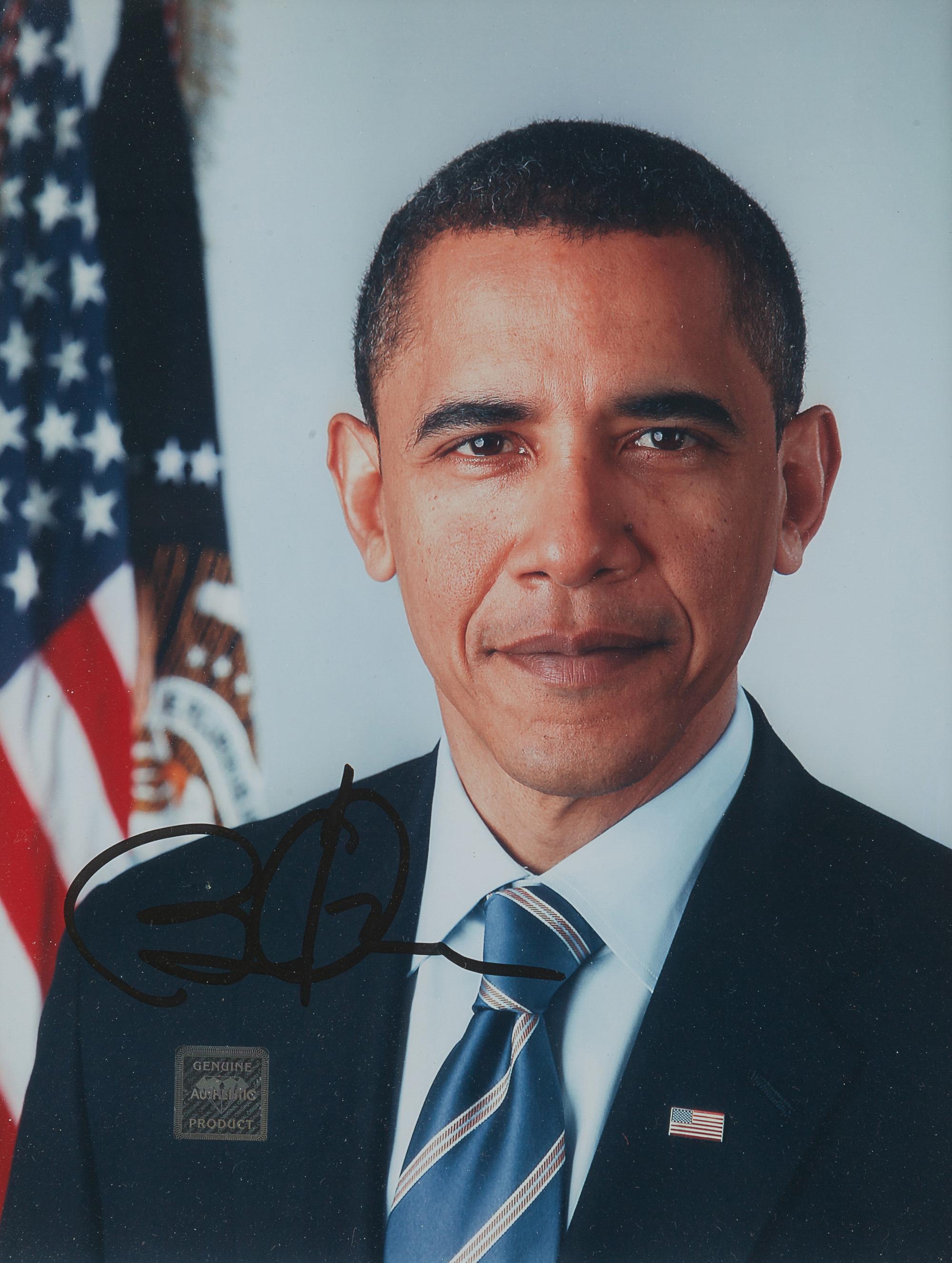 OBAMA, Barack. Photographic print official portrait of President Barack Obama, photo by Pete Souza, signed "Barack Obama". [N.d., ca 2009]. 8vo, visible area 250 x 197 mm, matted and framed, unexamined out of frame.