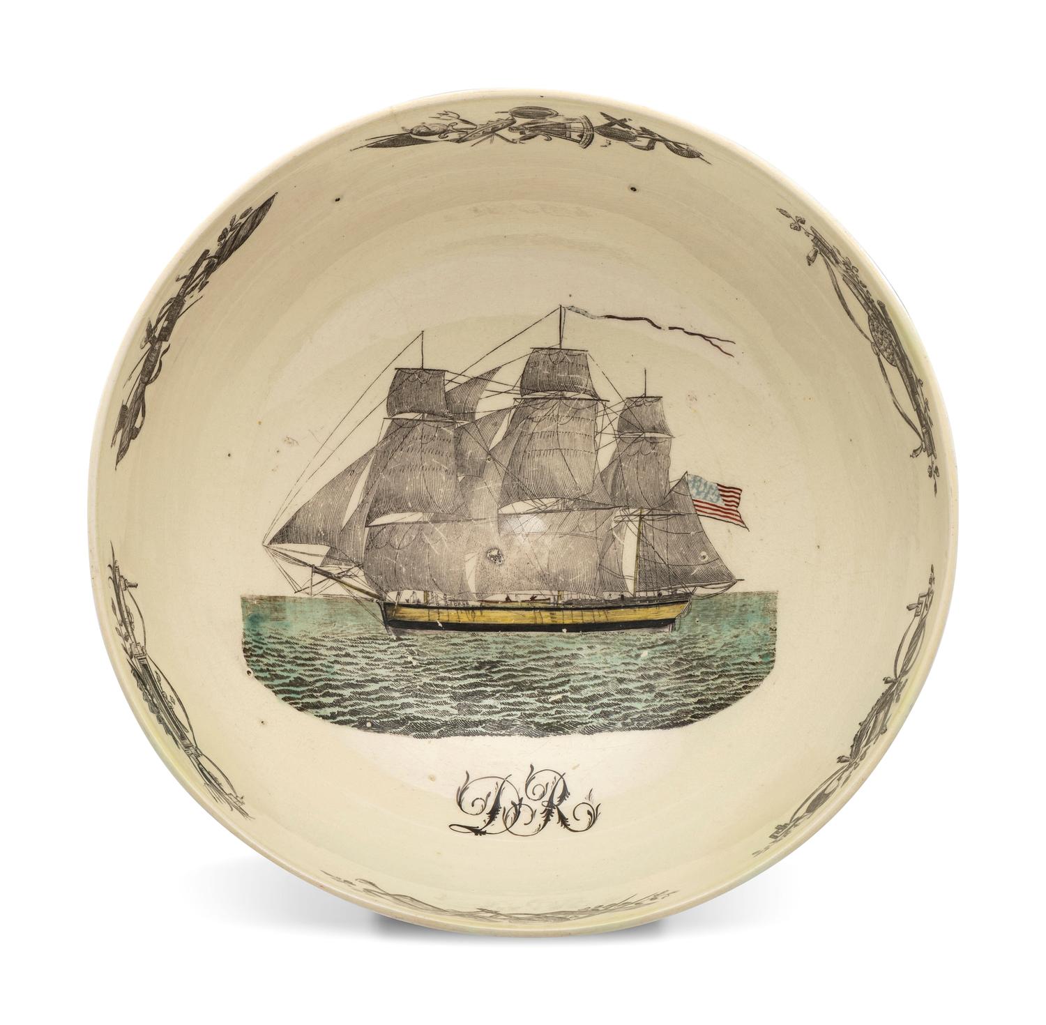 A Liverpool Transfer-Printed Creamware 'John Adams' Punch Bowl