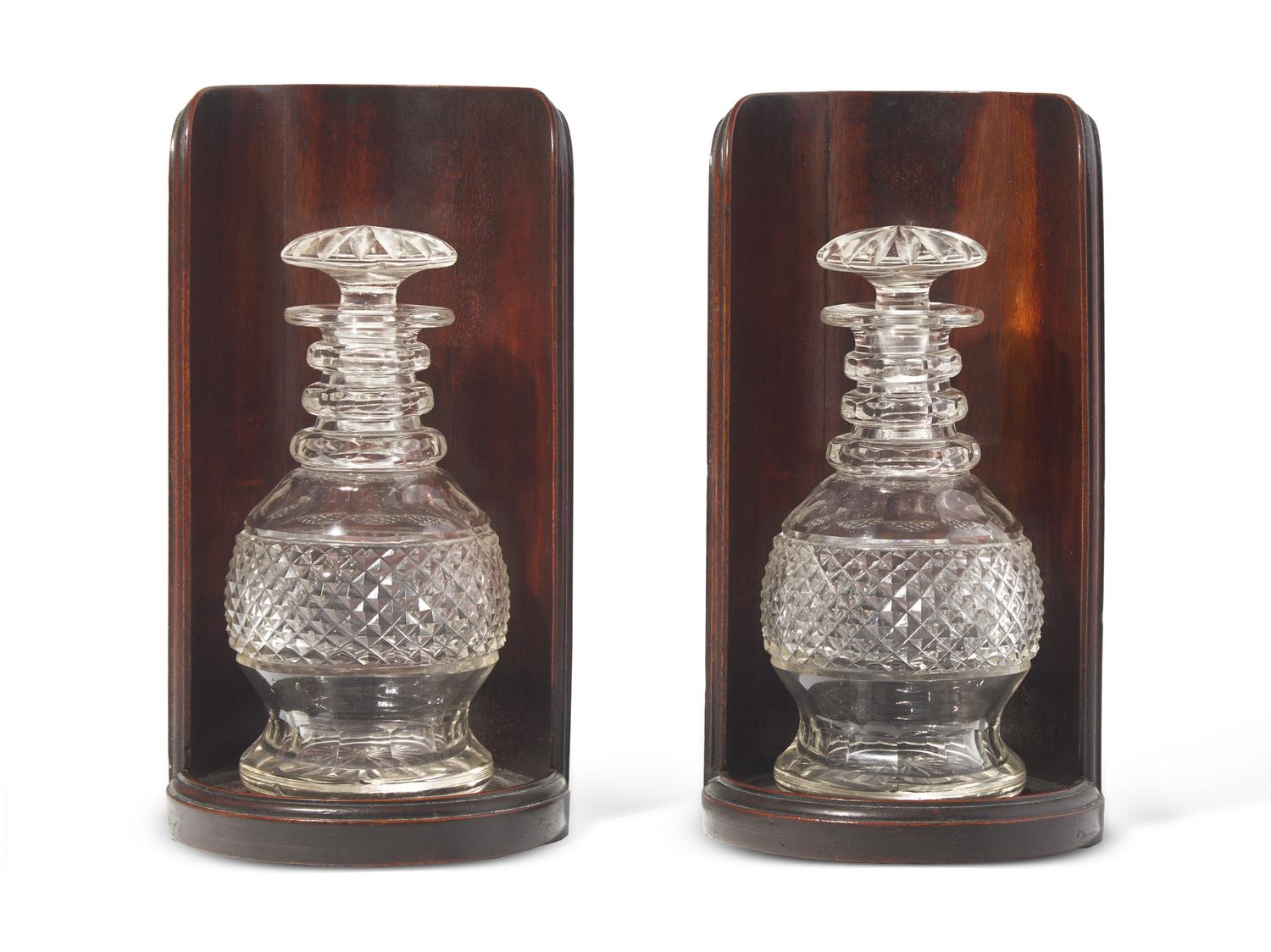A Pair of George III Mahogany Decanter Stands With Cut Glass Decanters