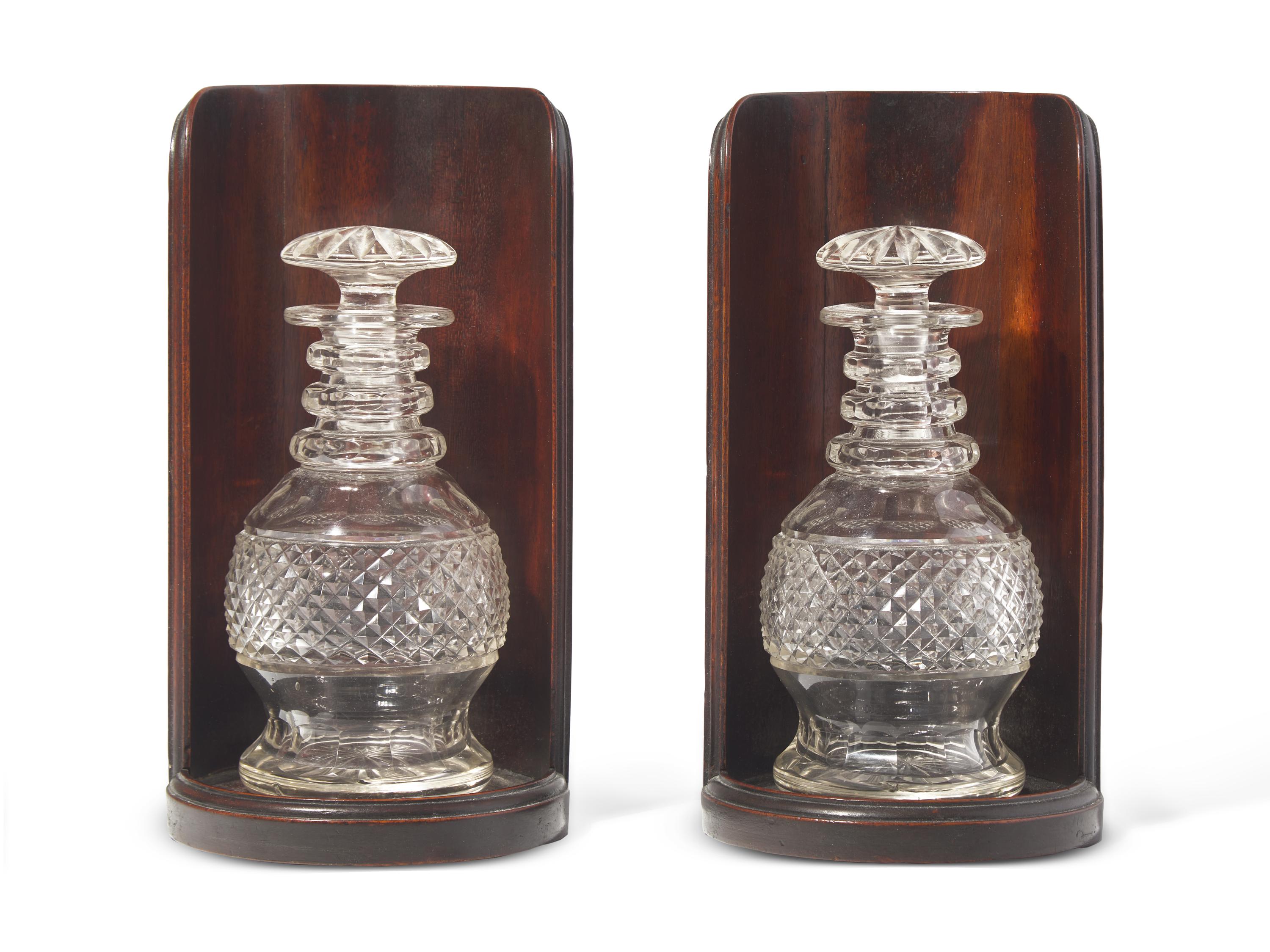 A Pair of George III Mahogany Decanter Stands With Cut Glass Decanters