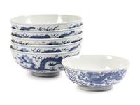 Six Chinese Blue and White Porcelain 'Dragon' Bowls