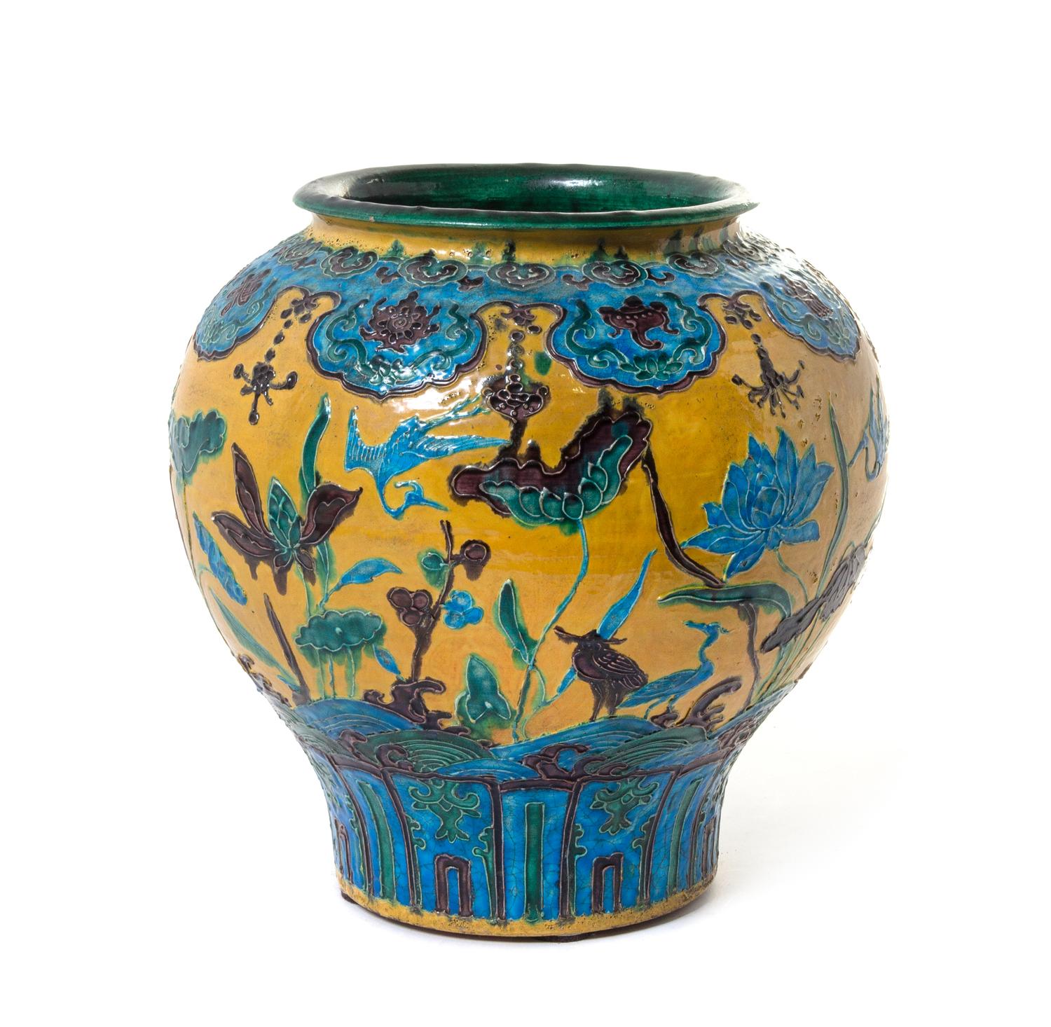 A Large Fahua -Style Stoneware Jar Height 13 1/2 inches.
