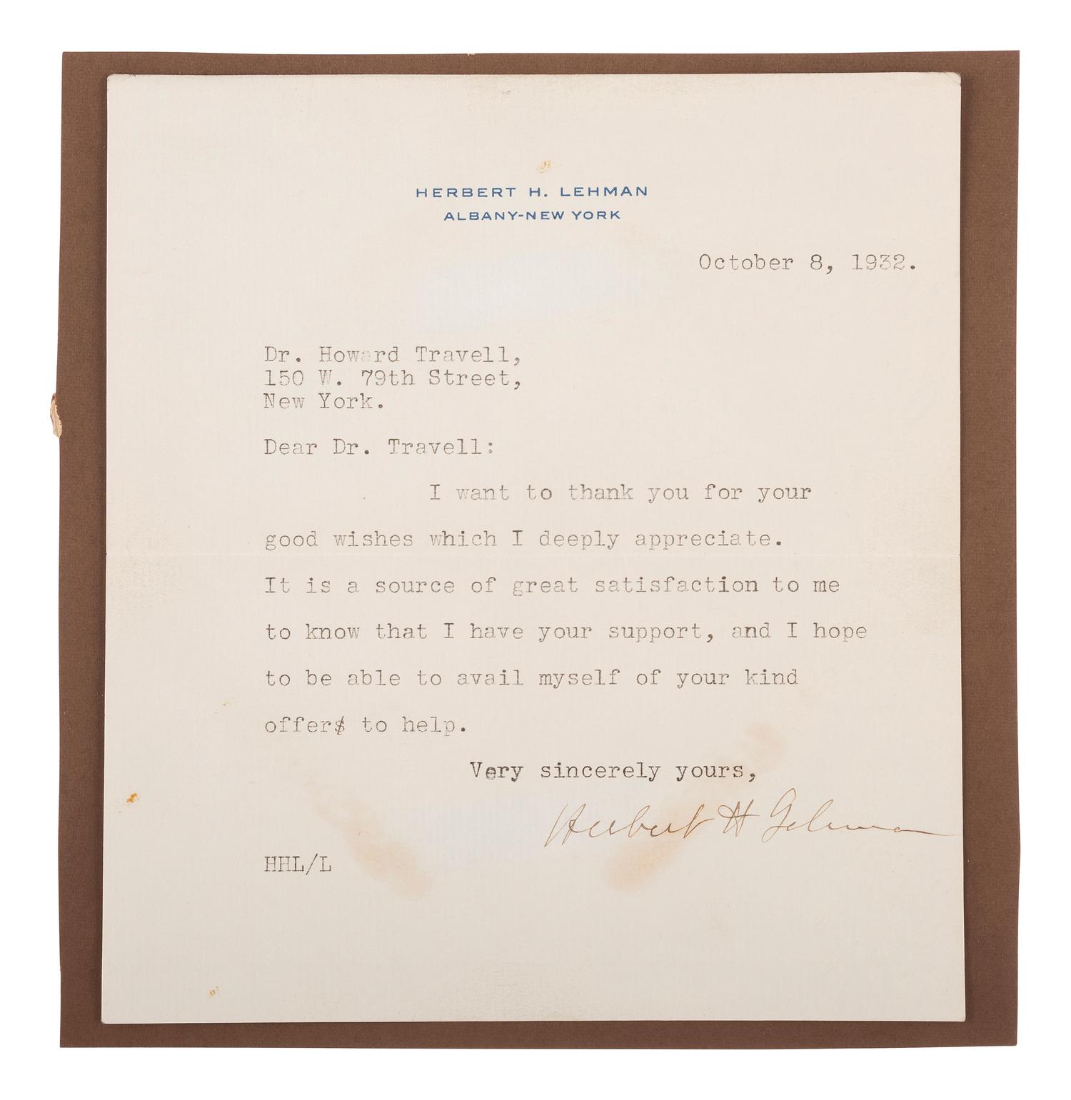 [POLITICS IN AMERICA]. A group of 3 TLsS to C. Howard Travell, from THEODORE ROOSEVELT, FRANKLIN D. ROOSEVELT, and HERBERT H. LEHMAN.