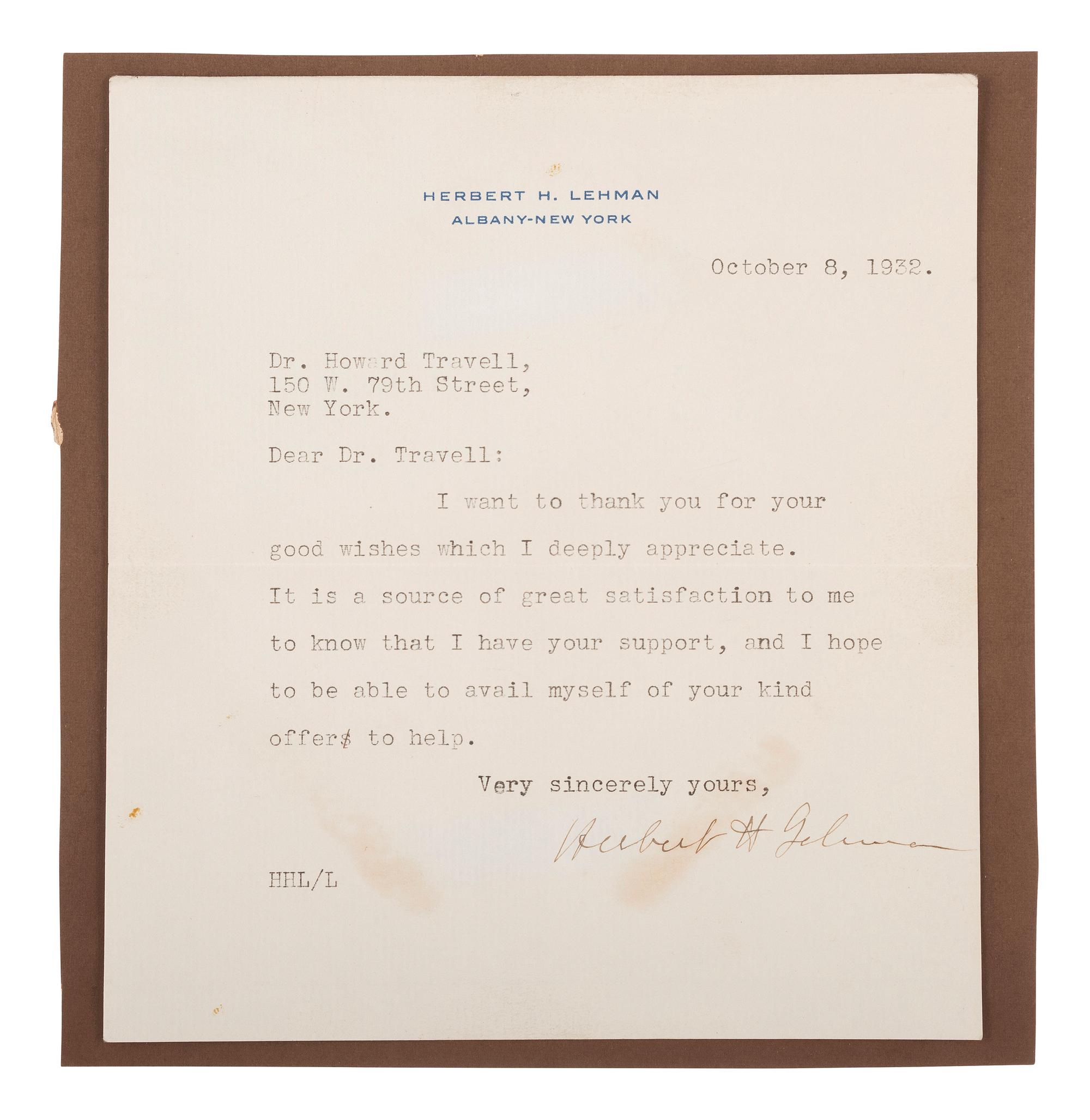 [POLITICS IN AMERICA]. A group of 3 TLsS to C. Howard Travell, from THEODORE ROOSEVELT, FRANKLIN D. ROOSEVELT, and HERBERT H. LEHMAN.