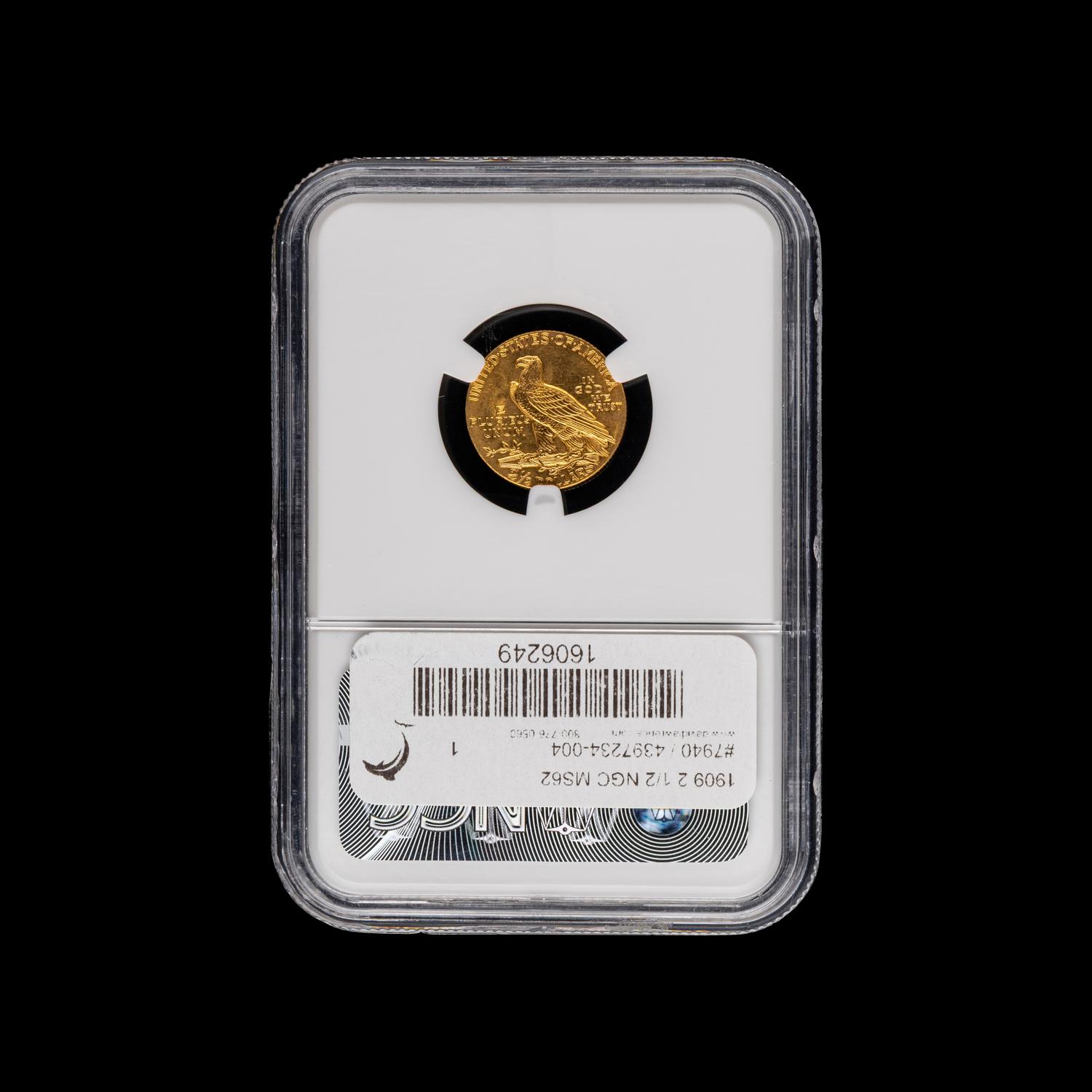 A 1909 Indian Head $2.50 Gold Coin [NGC MS62]