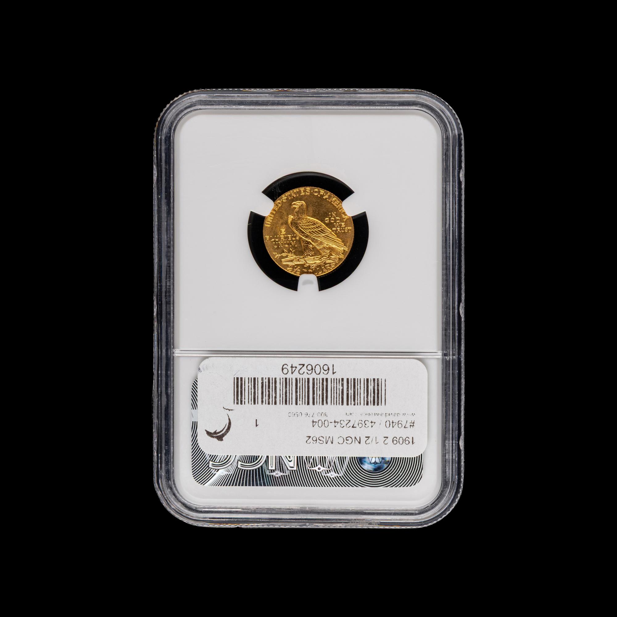 A 1909 Indian Head $2.50 Gold Coin [NGC MS62]