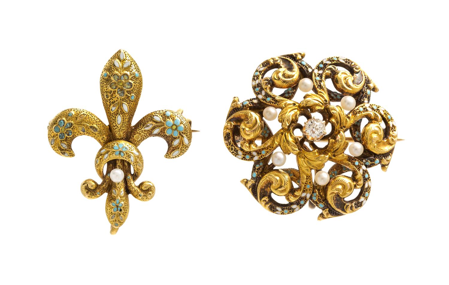 A Collection of Antique 14 Karat Yellow Gold, Polychrome Enamel, Seed Pearl and Diamond Brooches, 5.30 dwts.
