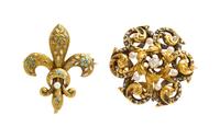 A Collection of Antique 14 Karat Yellow Gold, Polychrome Enamel, Seed Pearl and Diamond Brooches, 5.30 dwts.