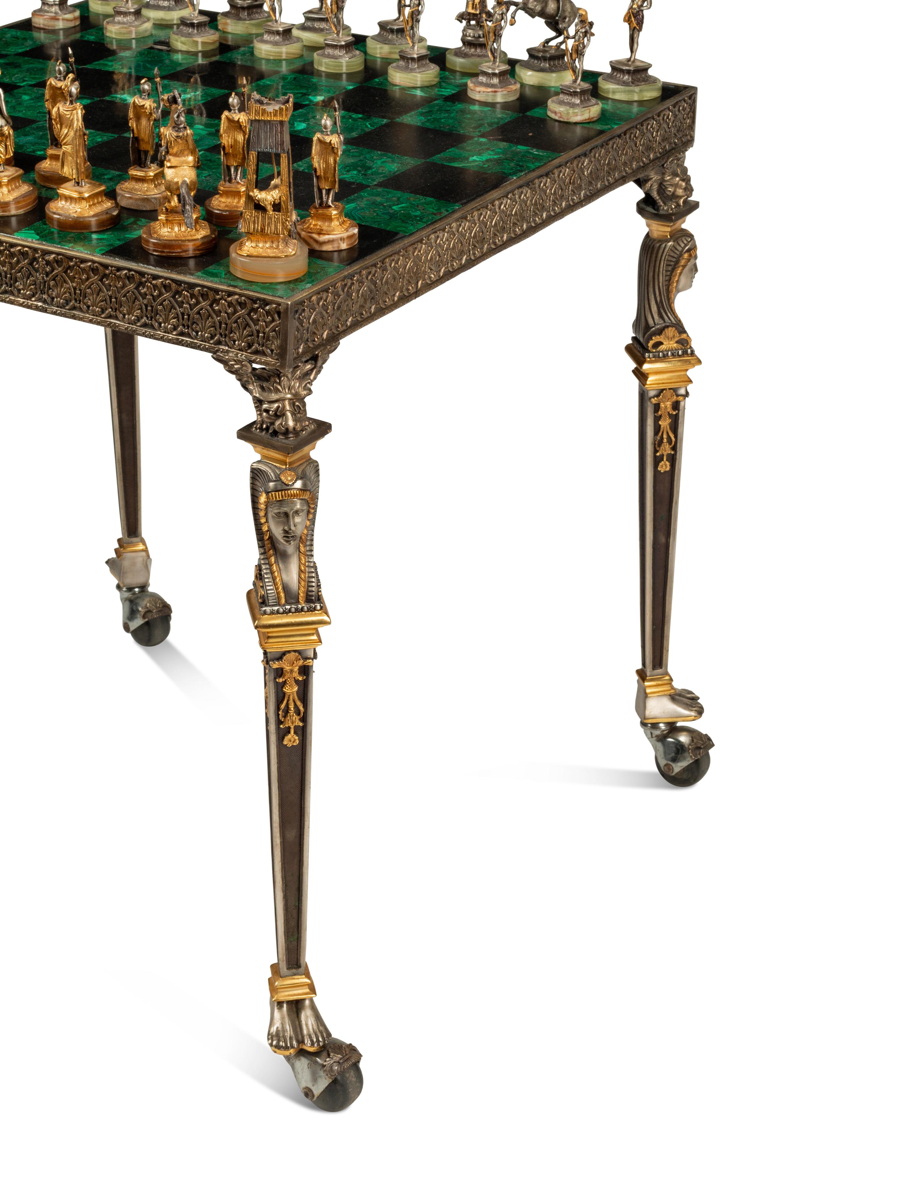 An Italian Gilt and Silvered Bronze Chess Set and Table