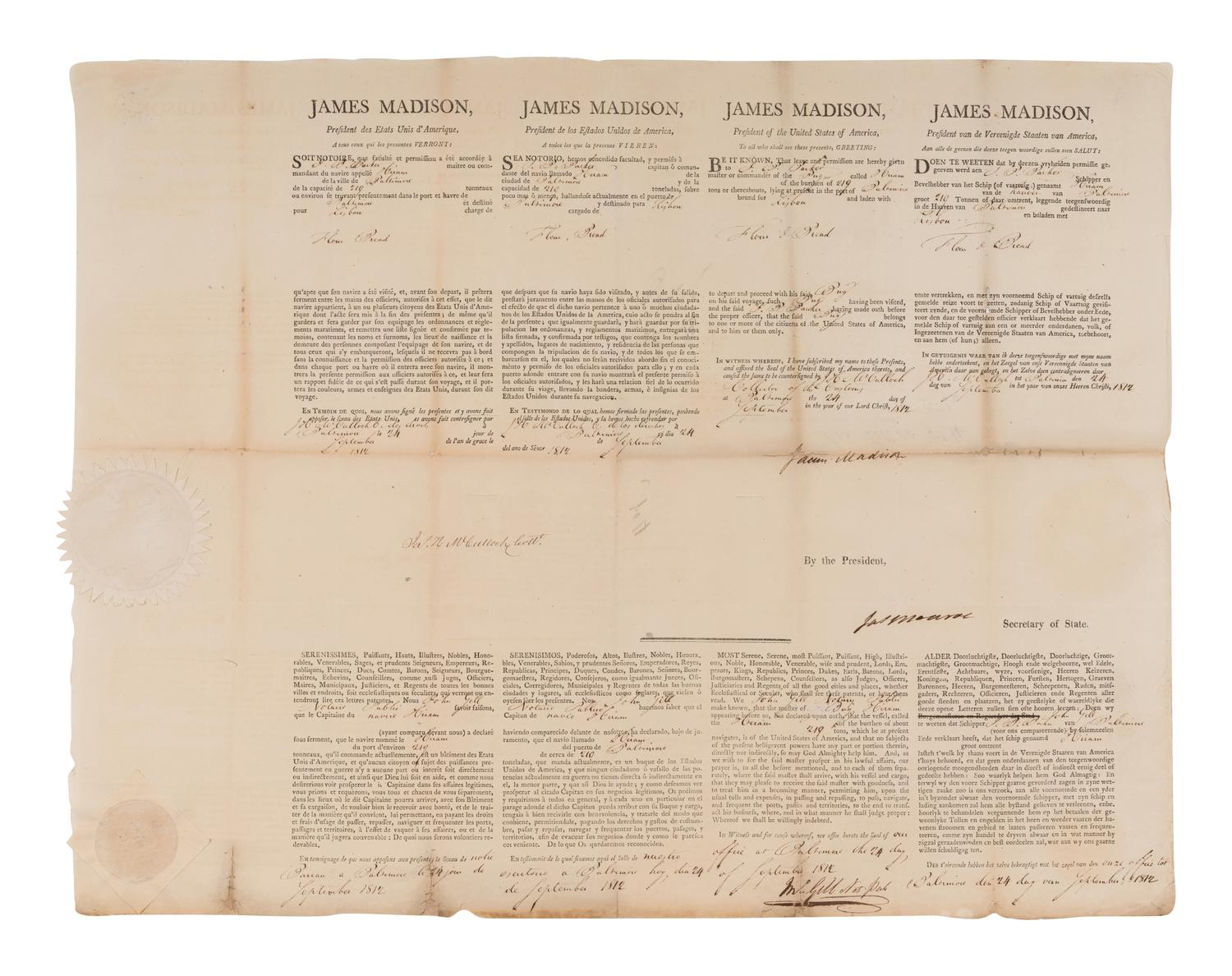 MADISON, James (1751-1831). Partly printed document signed ("James Madison"), as President, Washington, D. C., 24 September 1812, countersigned by James MONROE (1758-1831), as Secretary of State.