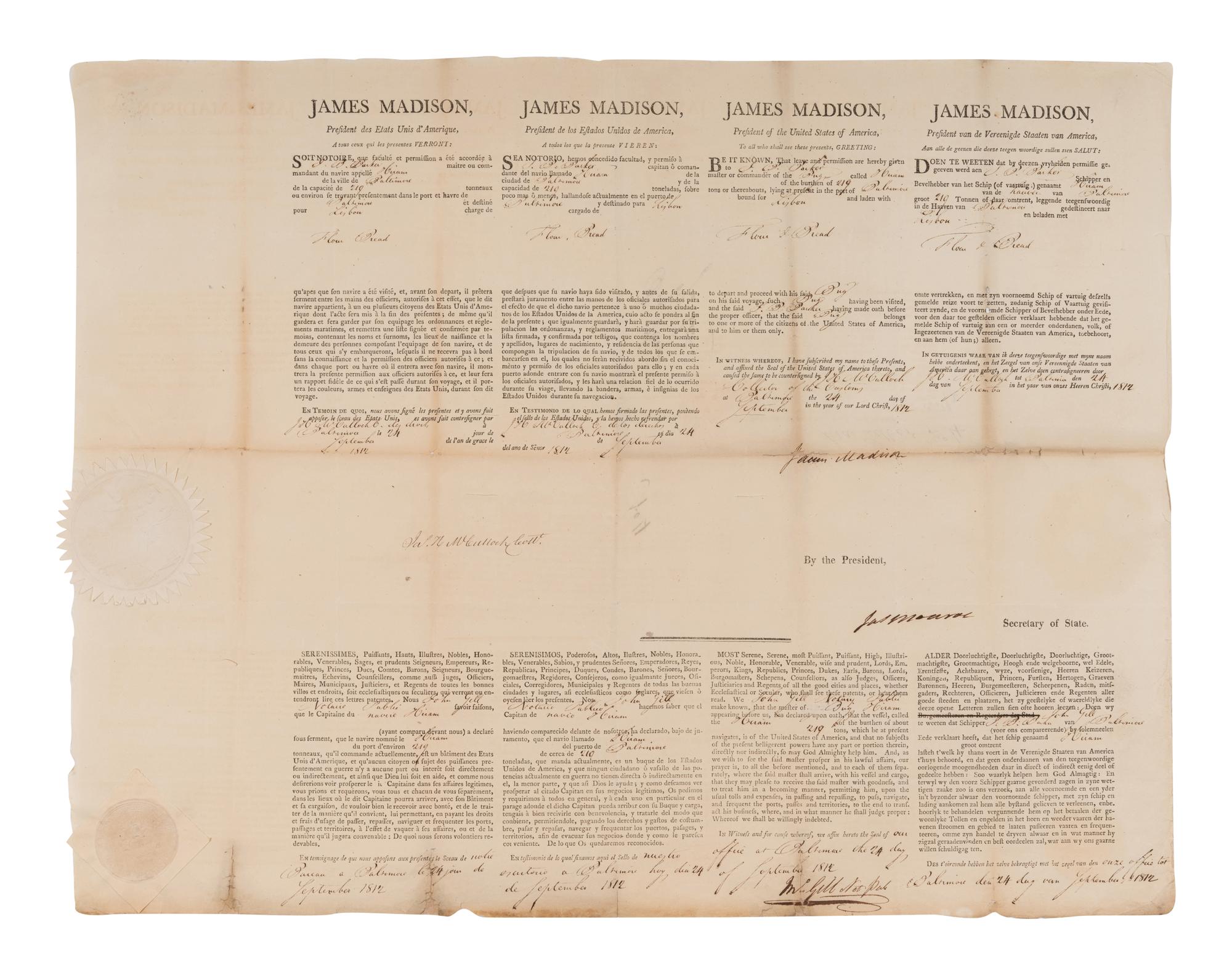MADISON, James (1751-1831). Partly printed document signed ("James Madison"), as President, Washington, D. C., 24 September 1812, countersigned by James MONROE (1758-1831), as Secretary of State.