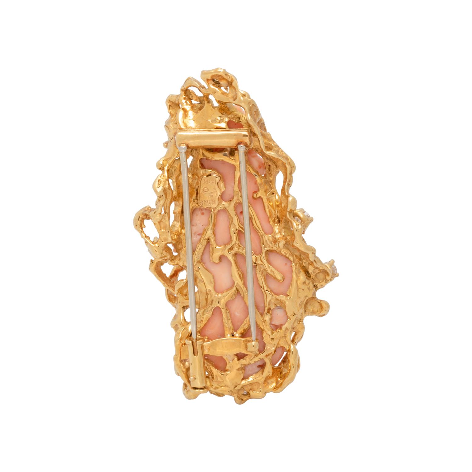 ARTHUR KING, YELLOW GOLD, CORAL AND DIAMOND BROOCH