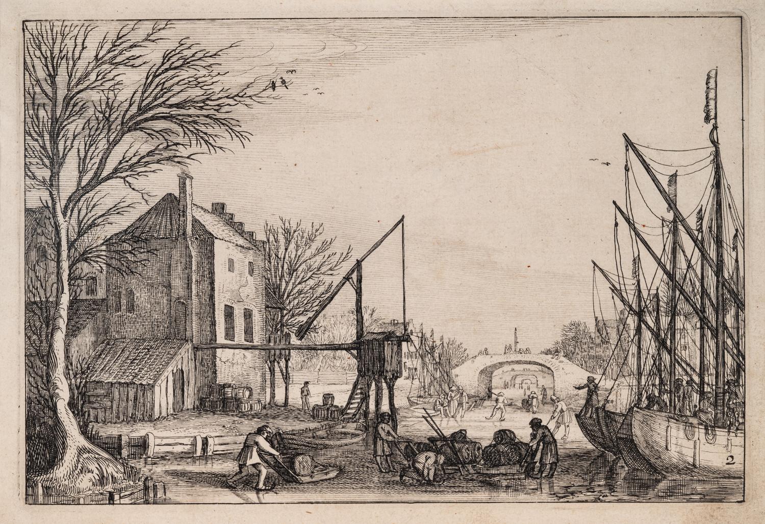 A group of five prints ( The Brewery by a Frozen Canal; The Repast Under the Tent; The Village Gateway; Untitled (Archway Over the Road); Untitled (View of a Walled Town) )