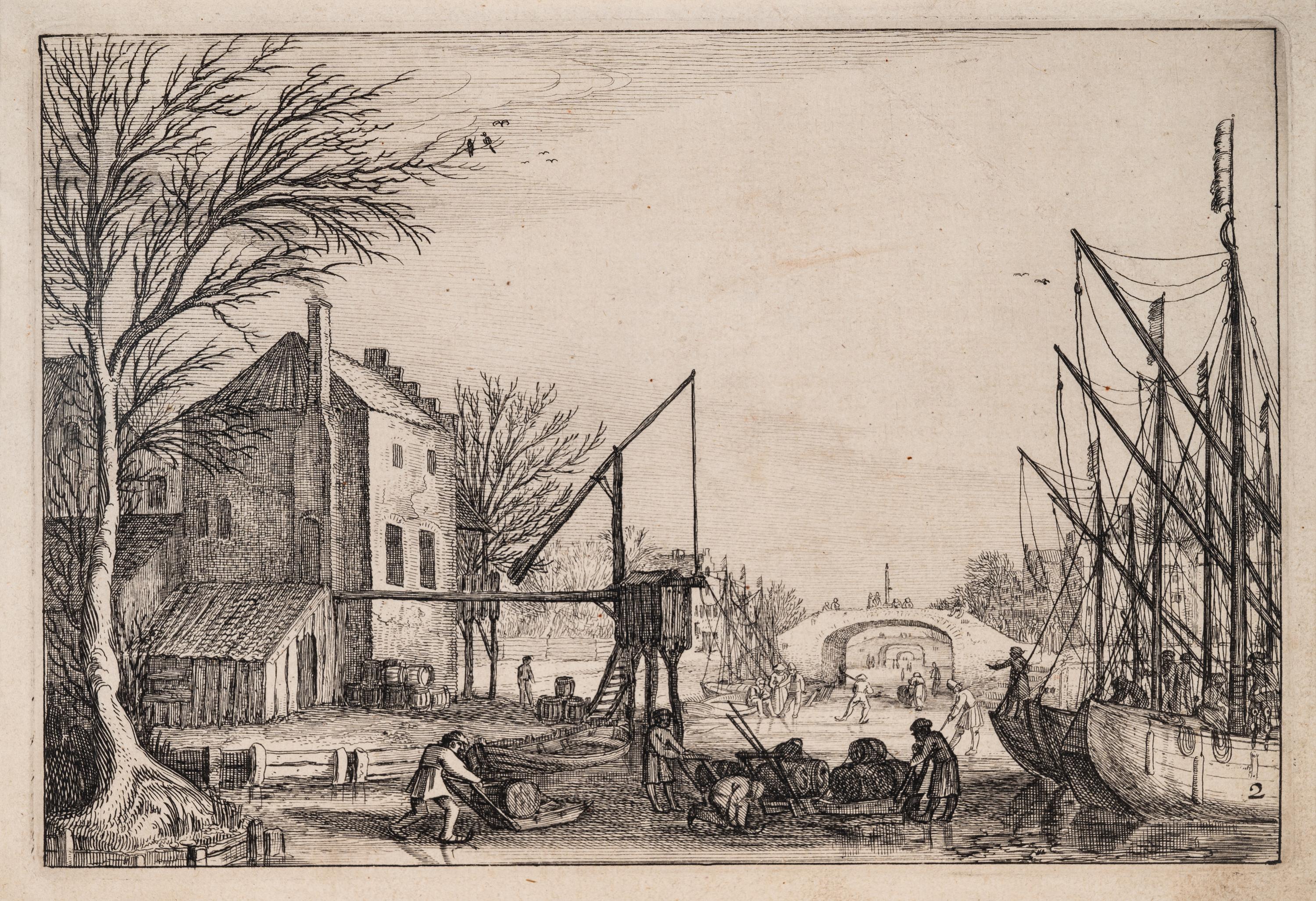 A group of five prints ( The Brewery by a Frozen Canal; The Repast Under the Tent; The Village Gateway; Untitled (Archway Over the Road); Untitled (View of a Walled Town) )