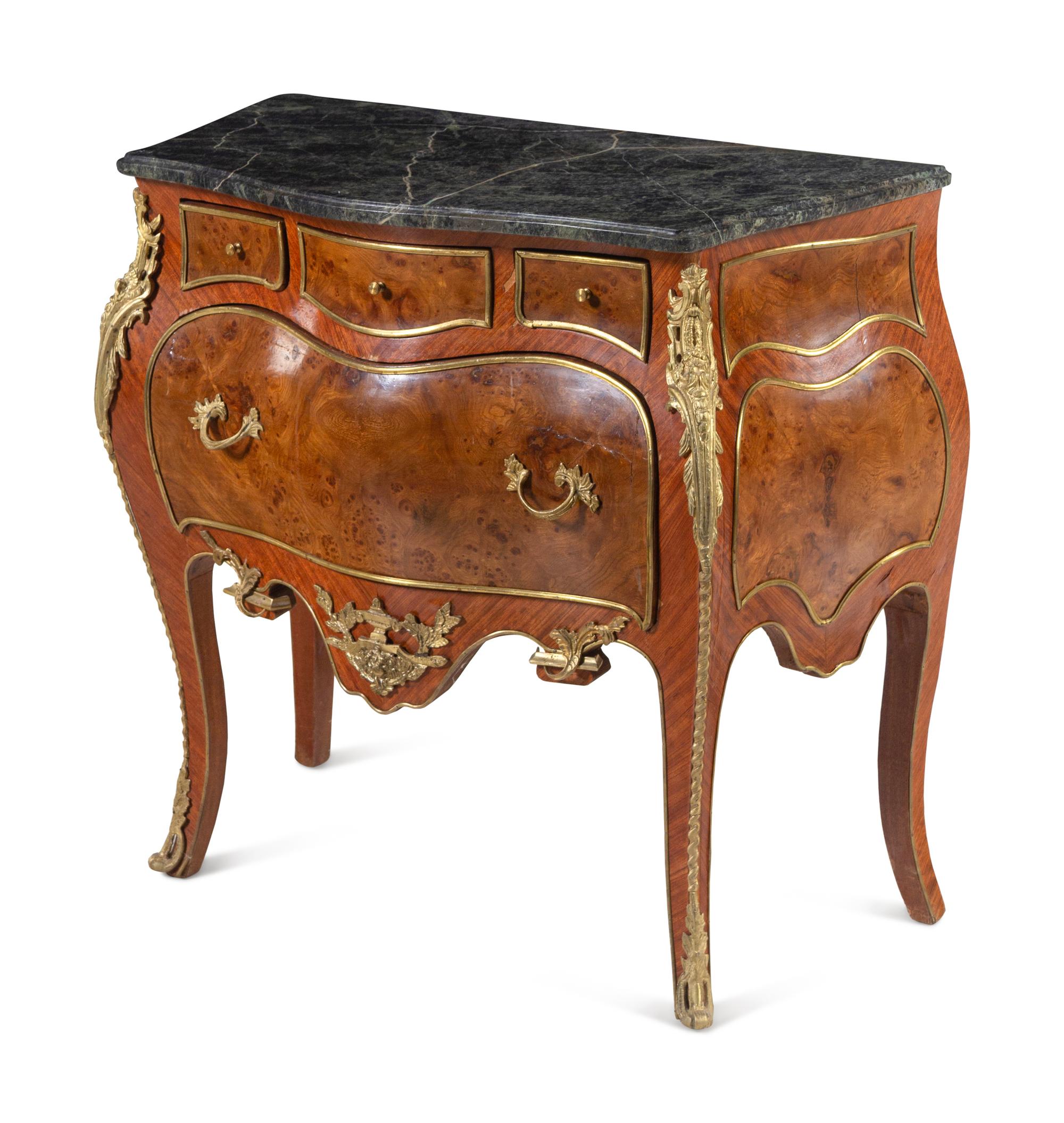 A Louis XV Style Gilt Bronze Mounted Marble-Top Bombe Commode
