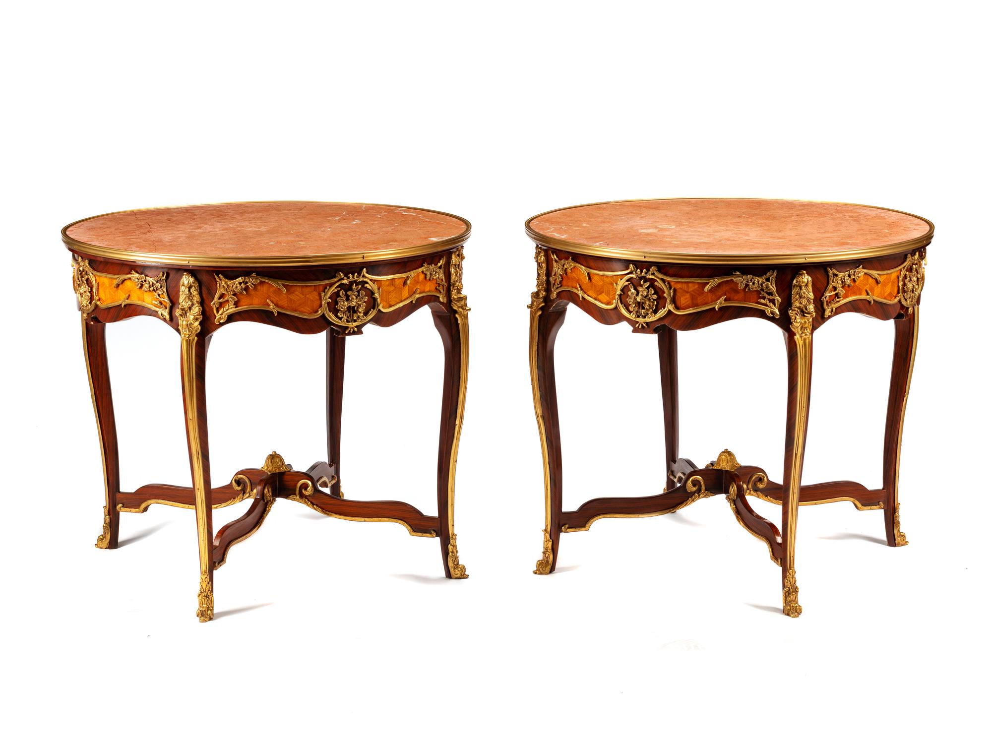 A Pair of Large Louis XV Style Bronze Mounted Marble-Top Guéridons
